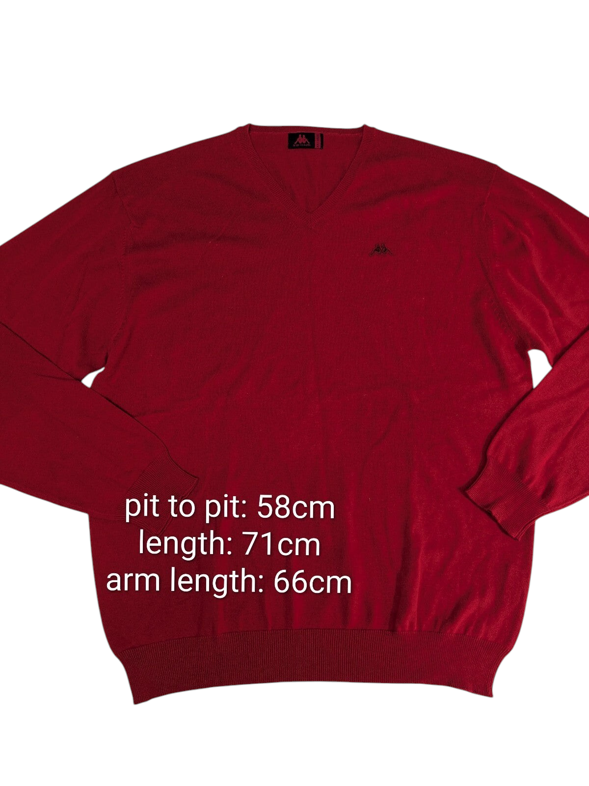 My Store red Kappa V-neck sweater with long sleeves, ribbed cuffs, and a small embroidered logo on the chest.