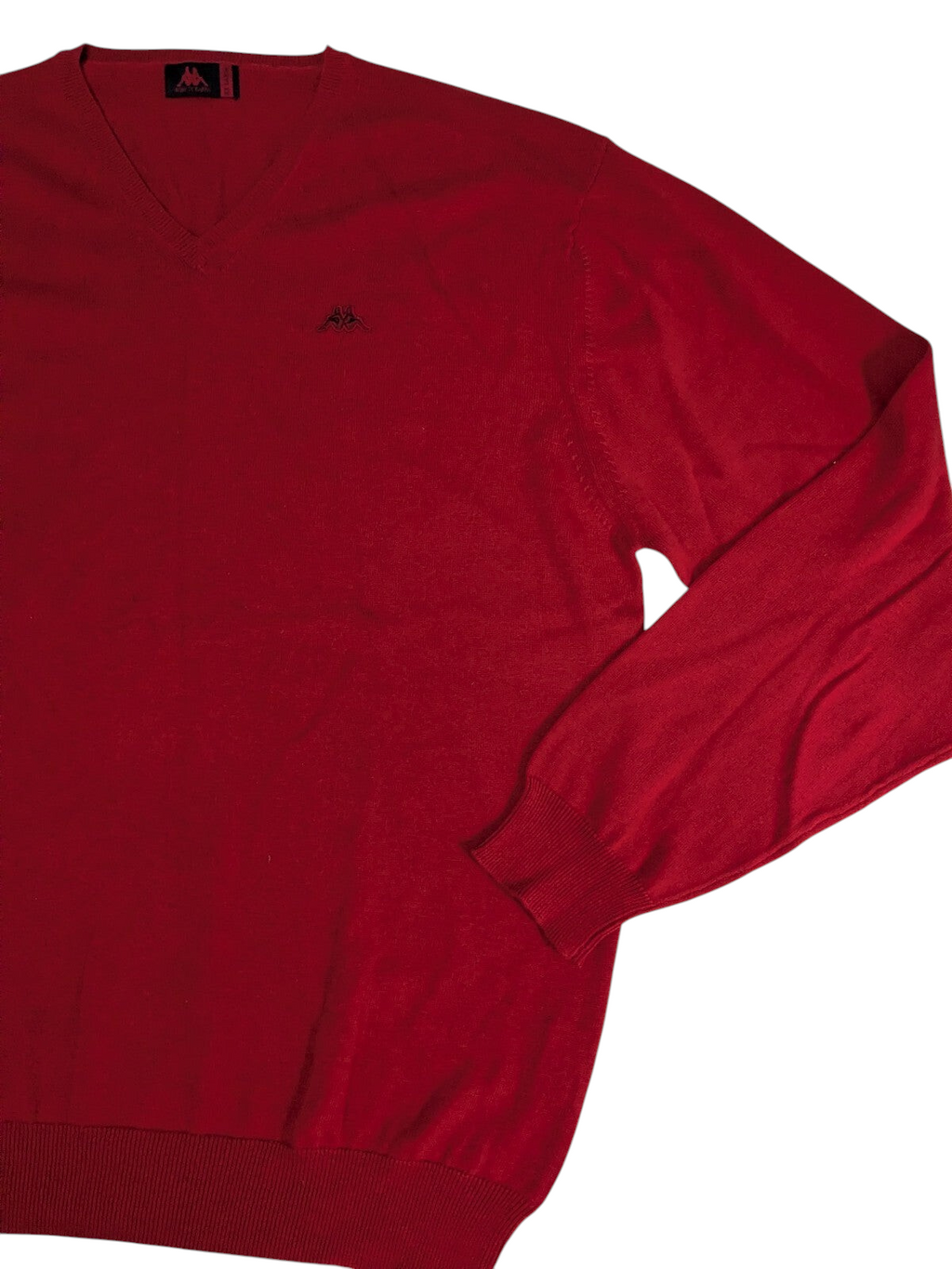 My Store red Kappa V-neck sweater with long sleeves, ribbed cuffs, and a small embroidered logo on the chest.