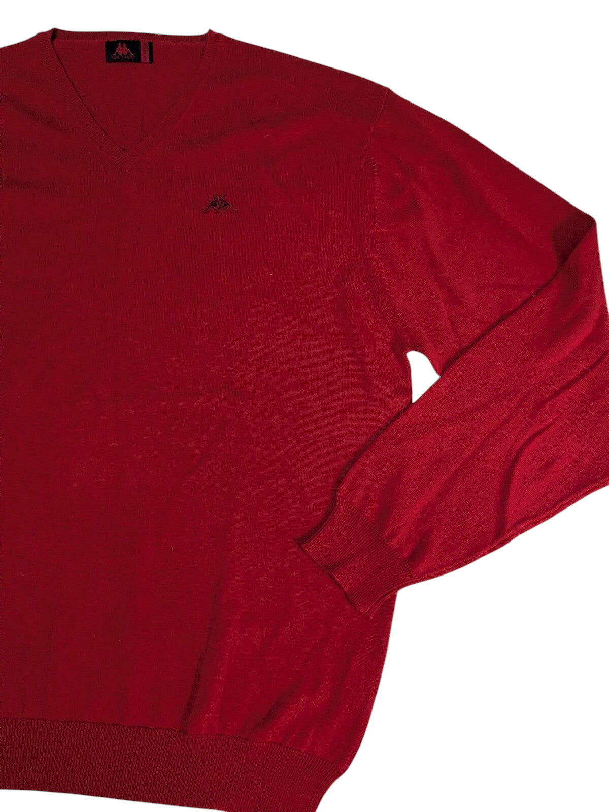 My Store red Kappa V-neck sweater with long sleeves, ribbed cuffs, and a small embroidered logo on the chest.