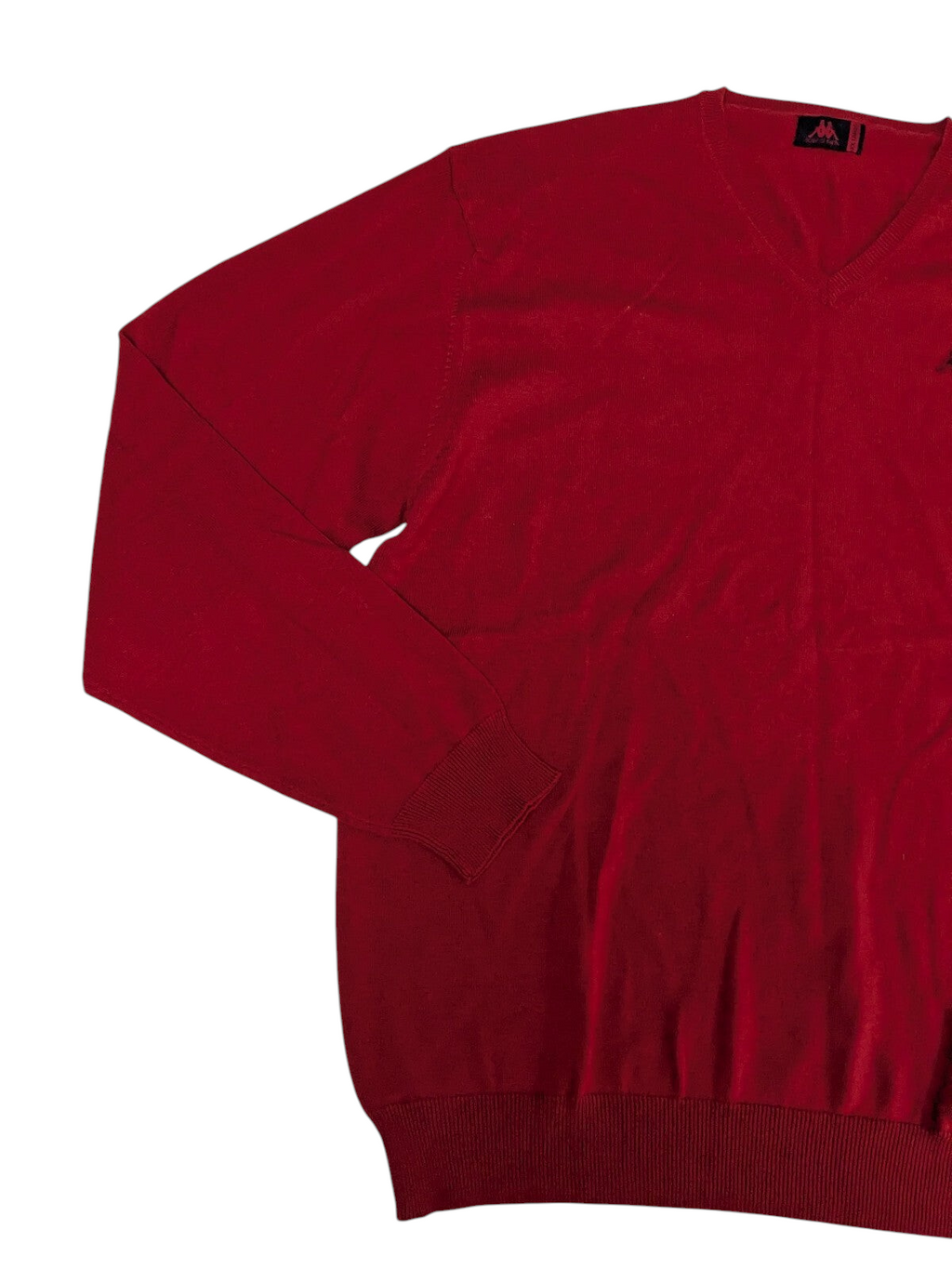My Store Kappa red V-neck sweater with long sleeves, ribbed cuffs, and a subtle embroidered logo on the chest.