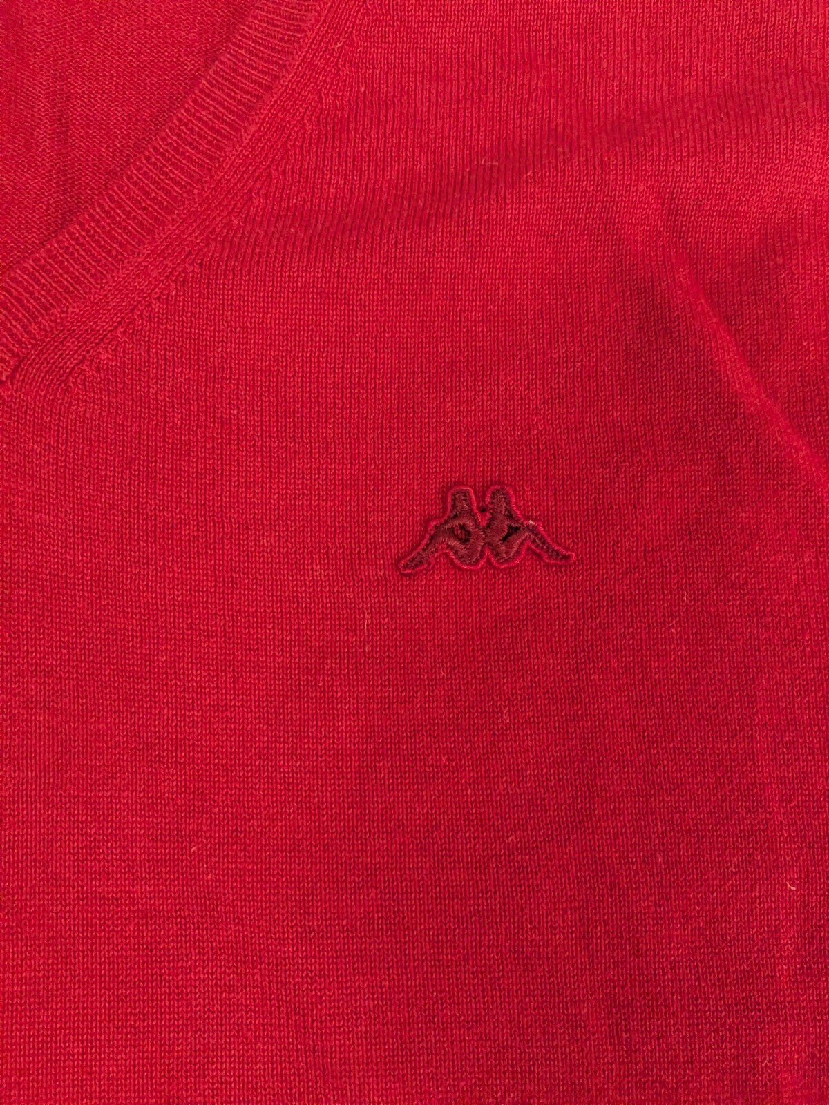 My Store Kappa red V-neck sweater with a subtle embroidered logo on the chest and soft knit texture