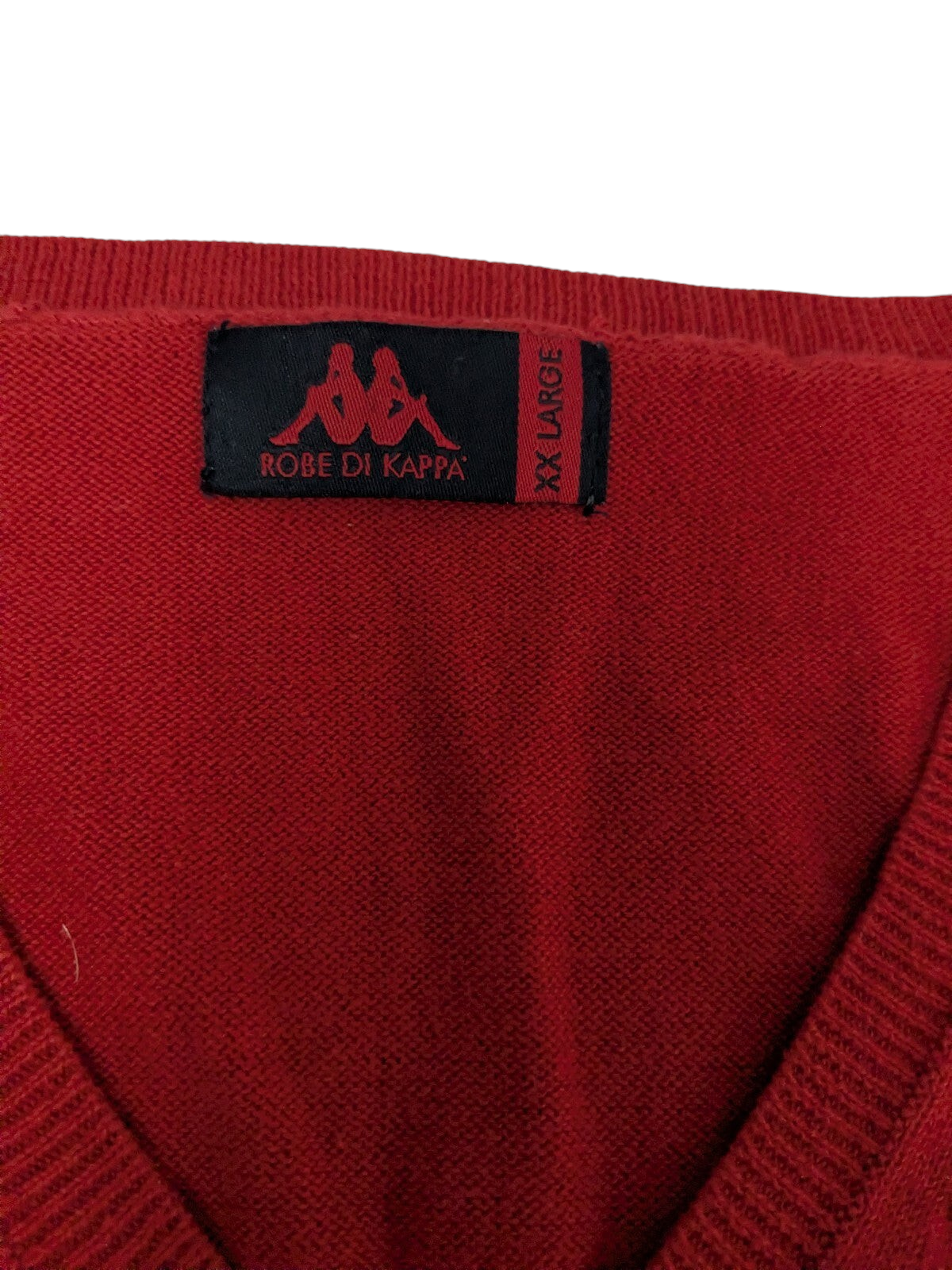 My Store Kappa red V-neck sweater featuring a Robe di Kappa brand label and ribbed neckline detail