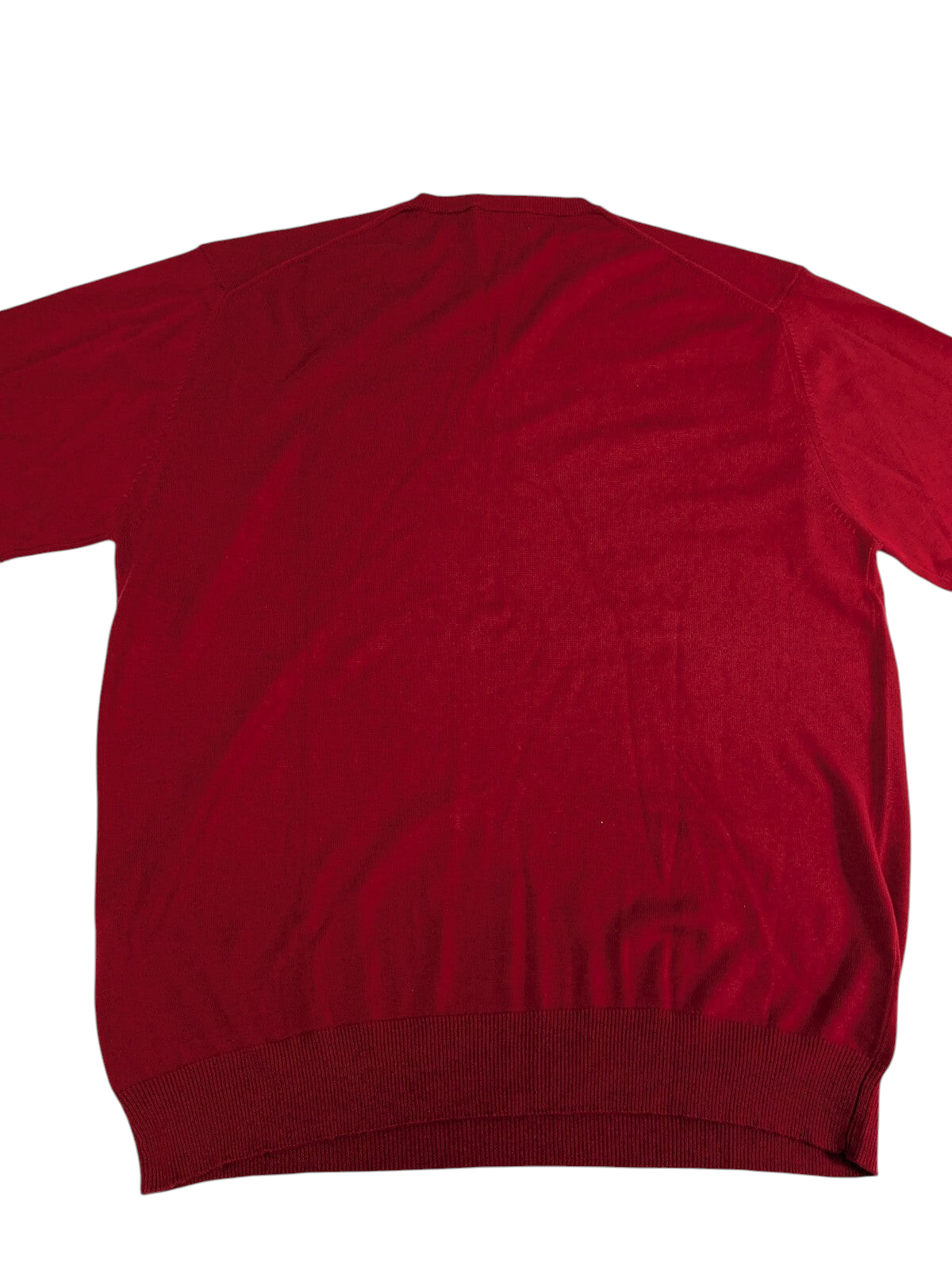 Back view of a My Store Kappa red V-neck sweater with ribbed hem and cuffs on a white background
