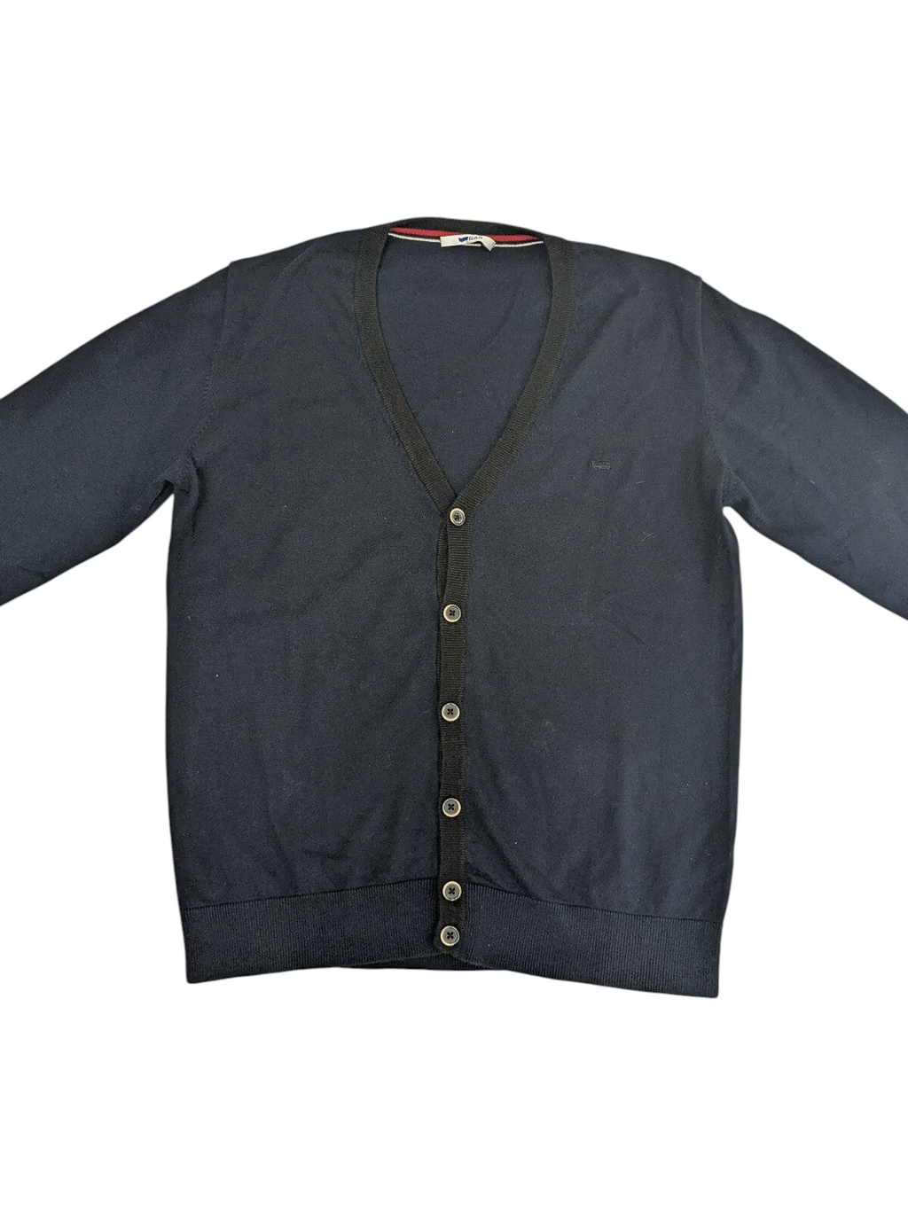 My Store navy V-neck button-down cardigan sweater made from a soft cotton and polyester blend.