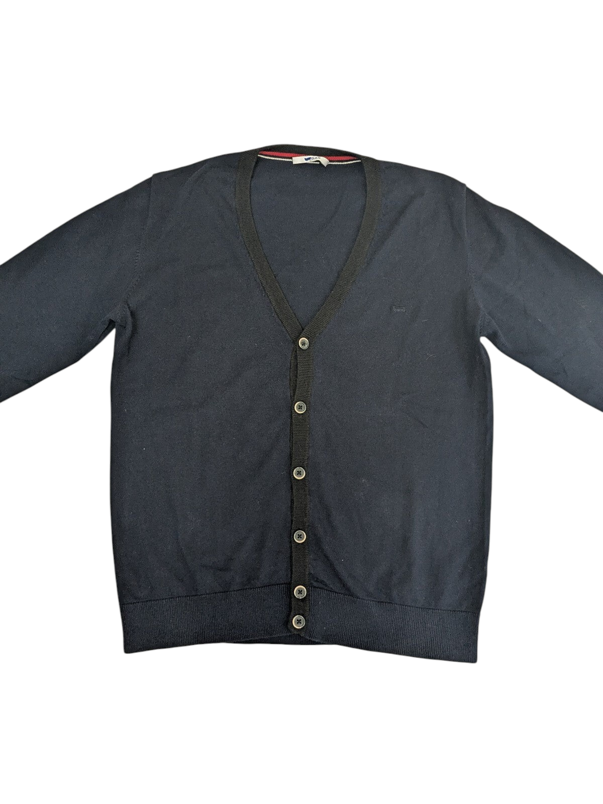 My Store navy V-neck button-down cardigan sweater made from a soft cotton and polyester blend.