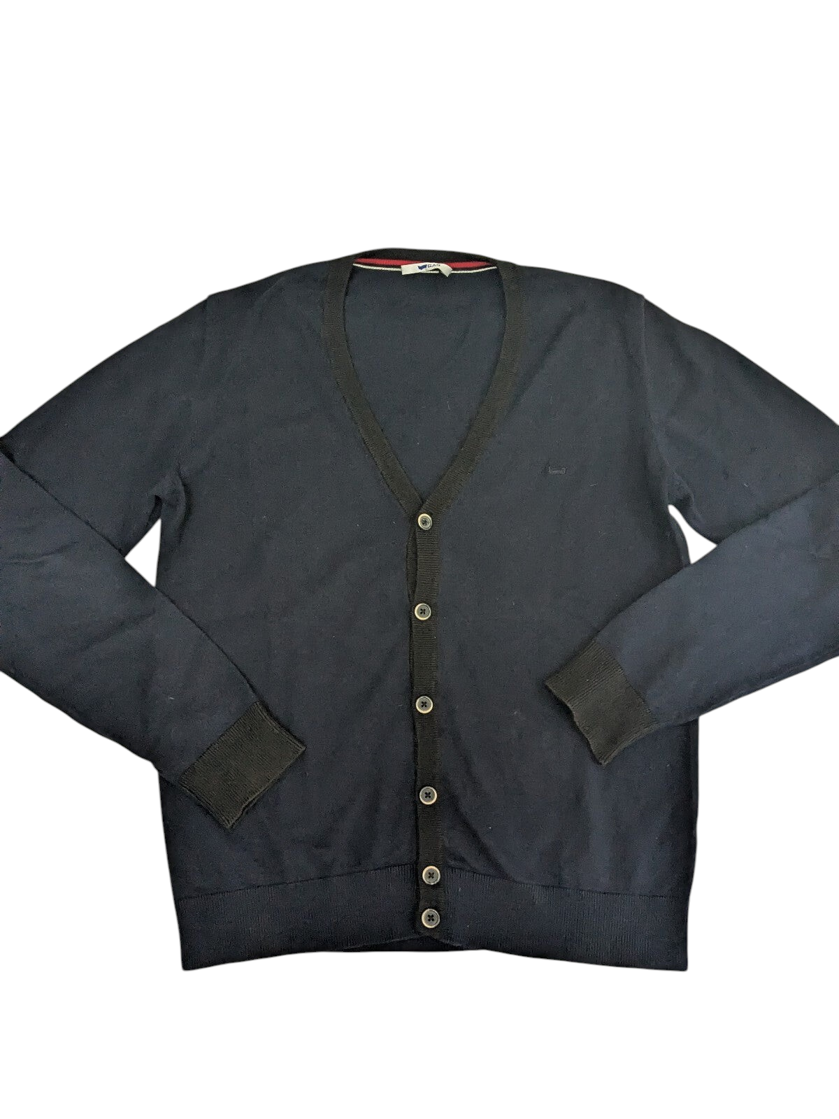 My Store navy V-neck button-down cardigan sweater made from a soft cotton and polyester blend.