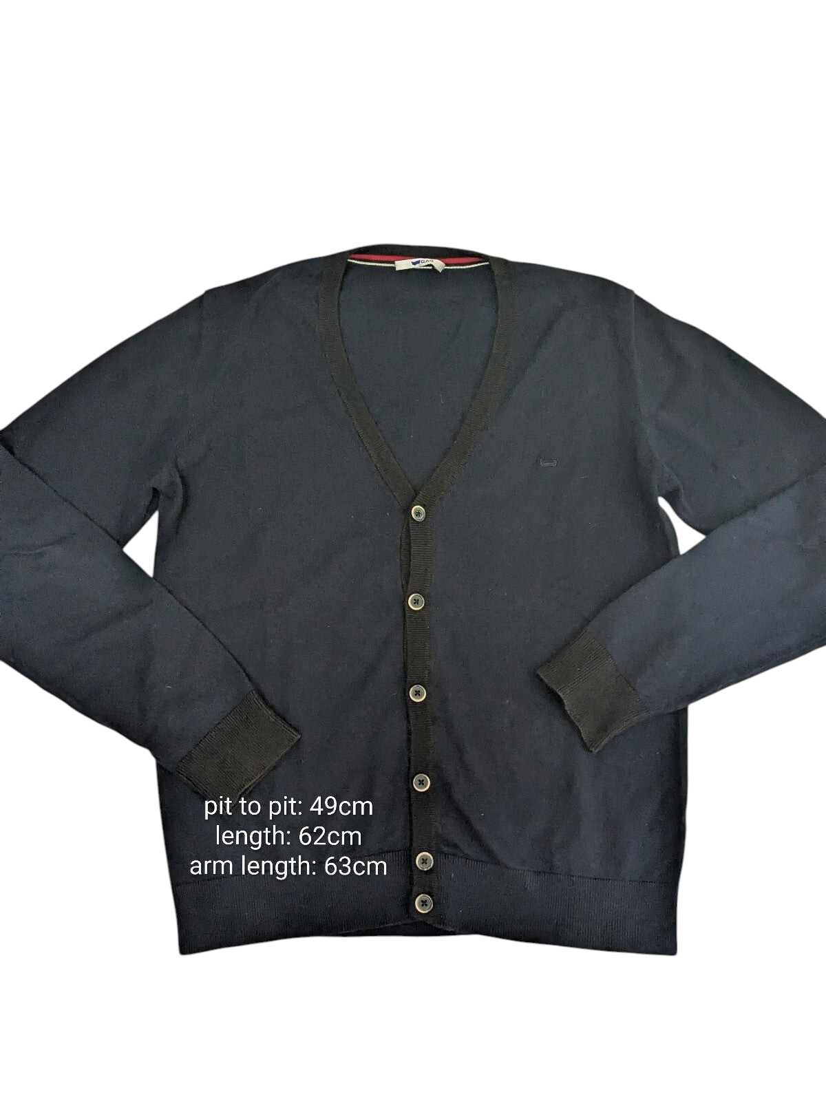 My Store navy V-neck button-up cardigan sweater in a soft cotton-polyester blend with ribbed cuffs