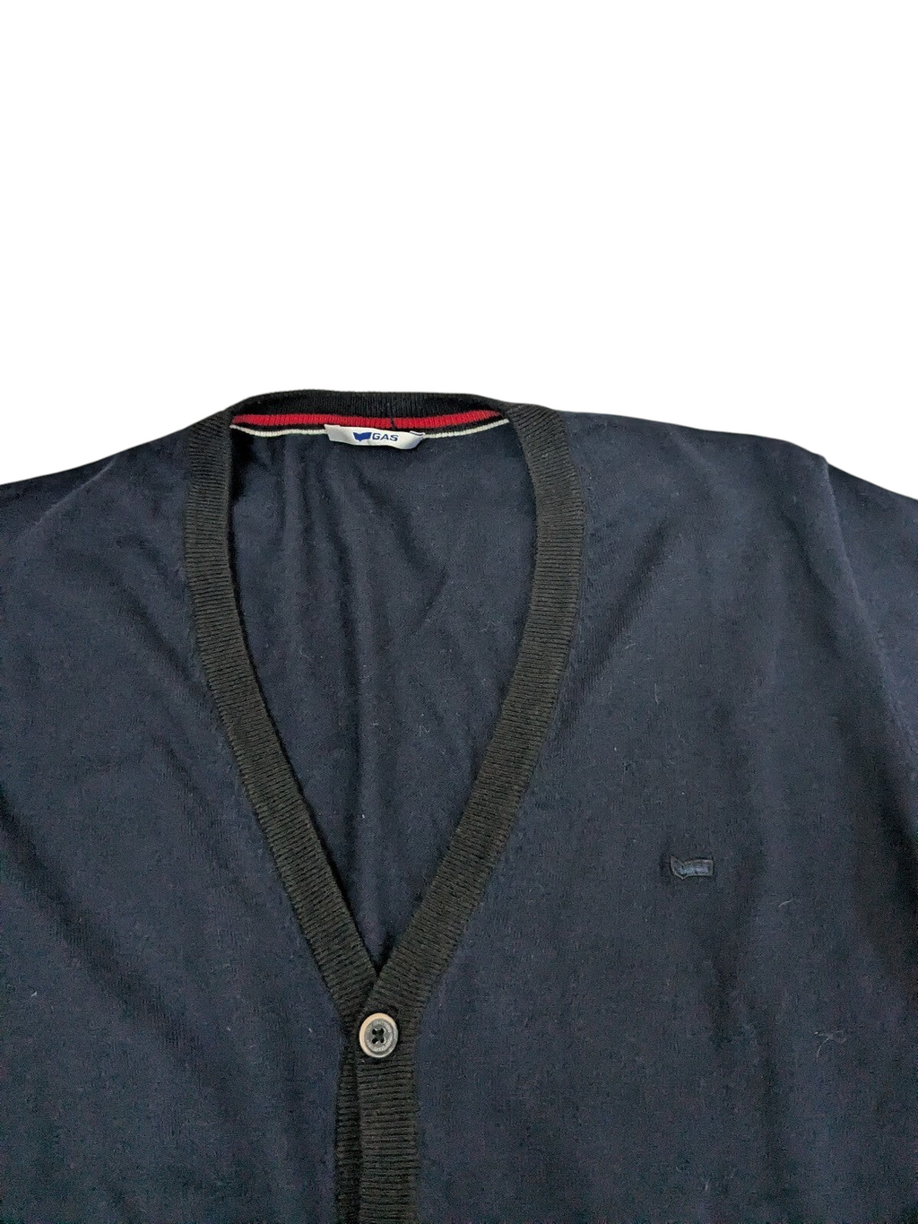 My Store navy Gas V-neck button-up cardigan sweater with ribbed trim and red and white collar detail