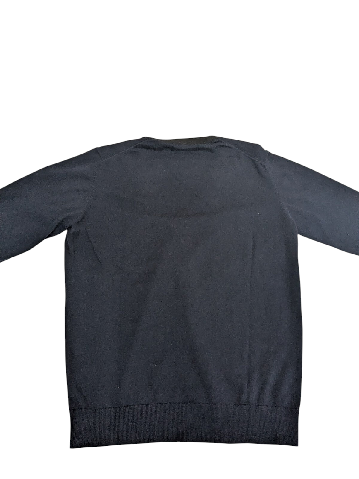 Back view of a My Store navy cotton blend V-neck cardigan sweater with ribbed hem and cuffs