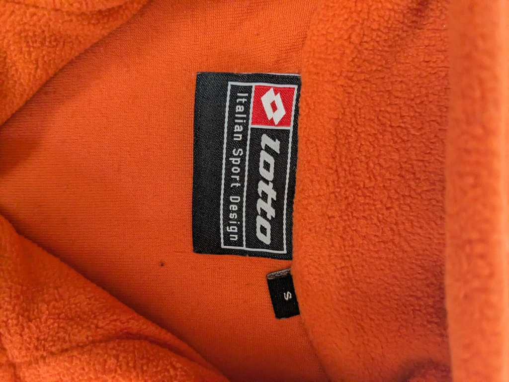 My Store Lotto orange fleece pullover with high collar and brand logo label showing size small