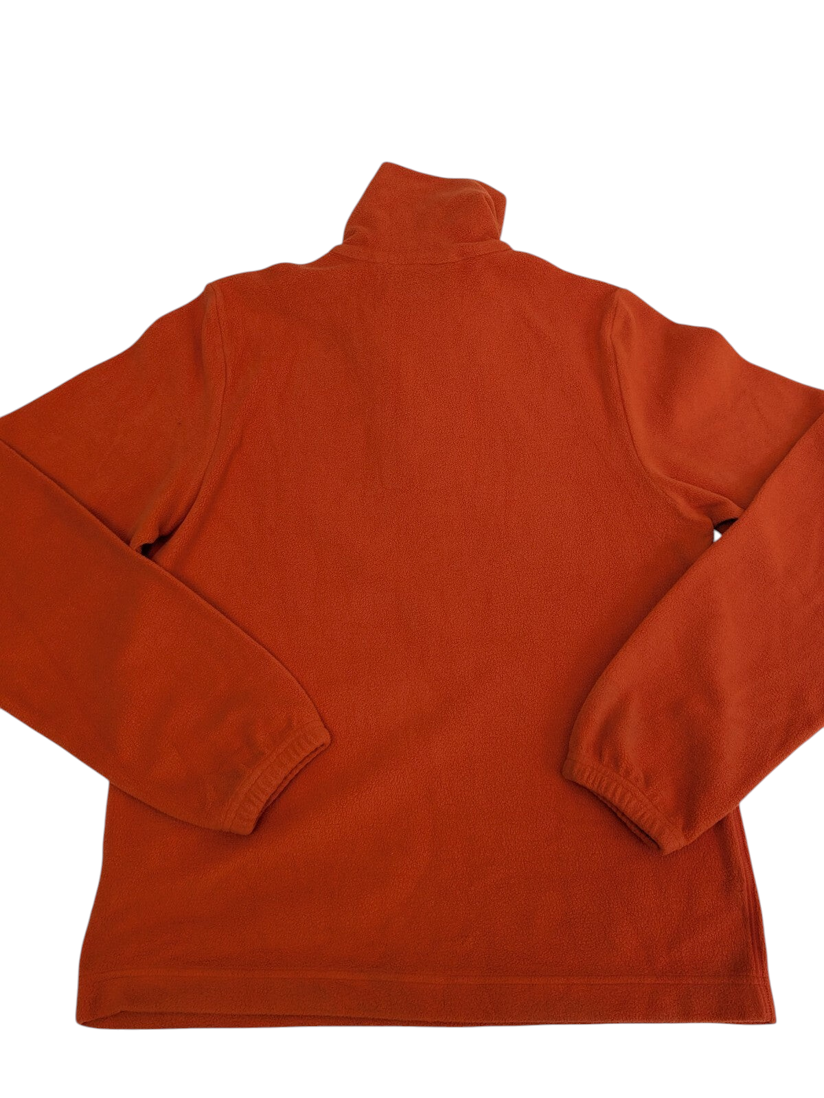 My Store Lotto orange quarter-zip fleece pullover with high collar and elastic cuffs, back view.