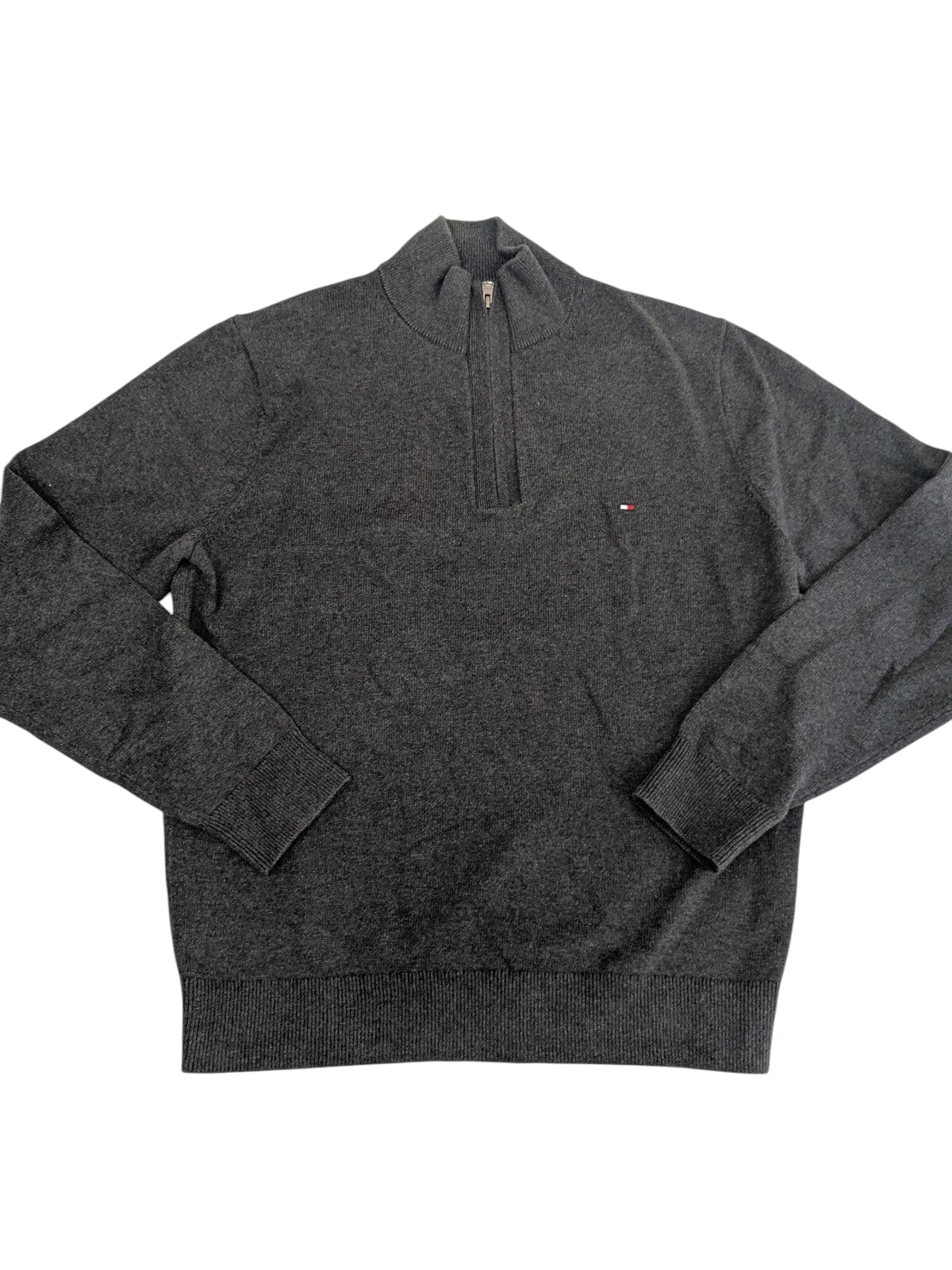My Store Tommy Hilfiger gray cotton quarter-zip sweater with embroidered chest logo and ribbed cuffs
