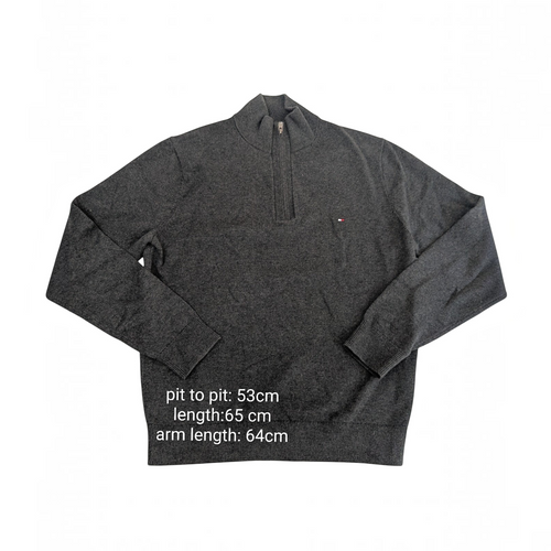 My Store Tommy Hilfiger gray cotton quarter-zip sweater with embroidered chest logo and ribbed cuffs