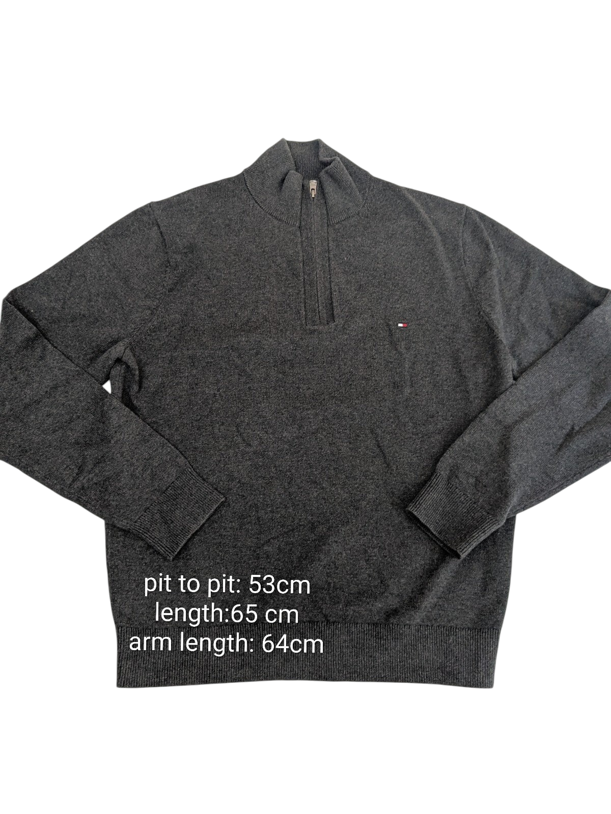 My Store Tommy Hilfiger gray cotton quarter-zip sweater with embroidered chest logo and ribbed cuffs