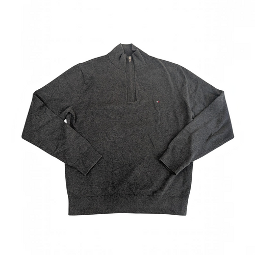 My Store Tommy Hilfiger gray cotton quarter-zip sweater with embroidered chest logo and ribbed cuffs