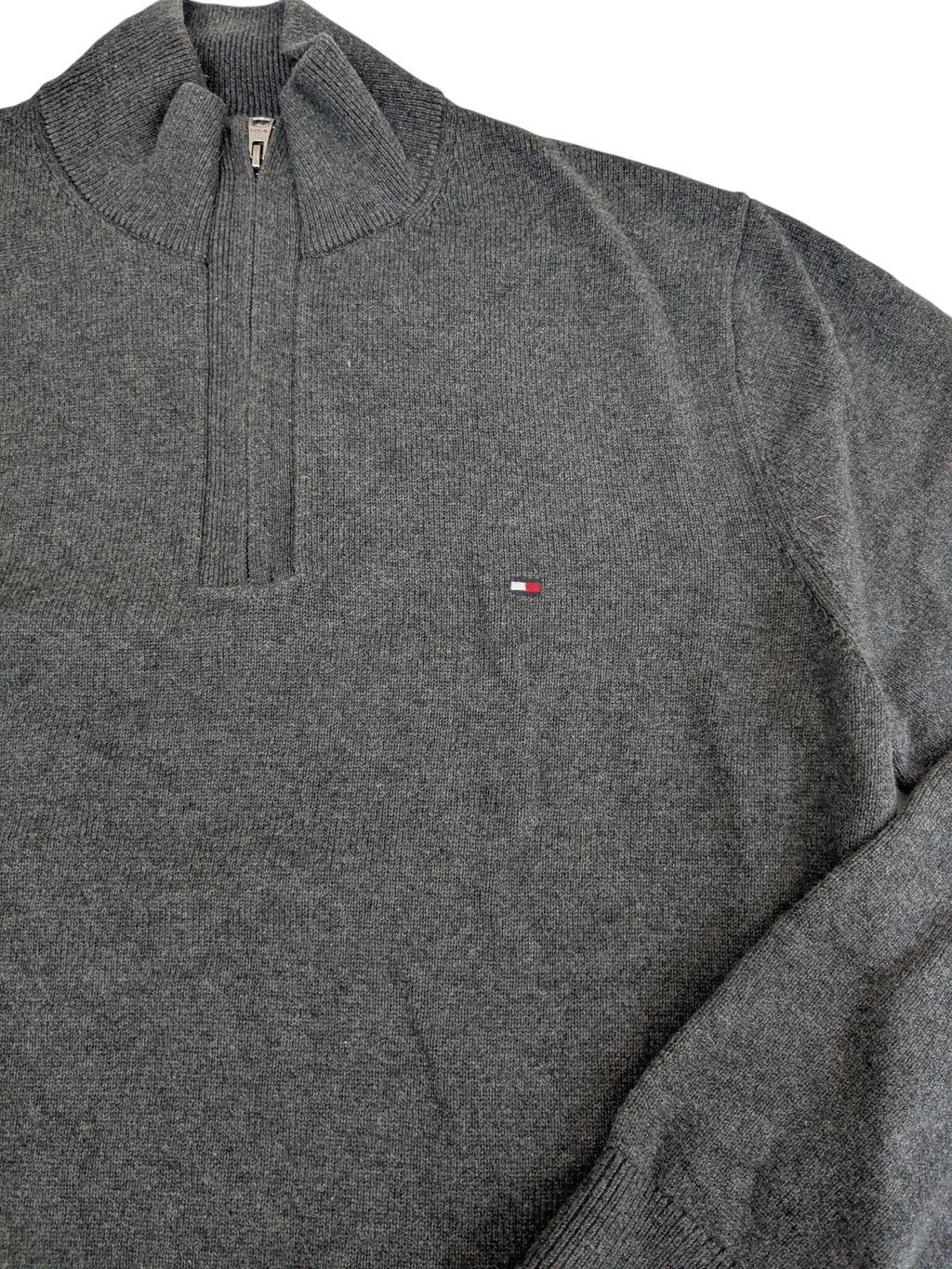 My Store gray Tommy Hilfiger cotton quarter-zip sweater with embroidered chest logo and ribbed collar