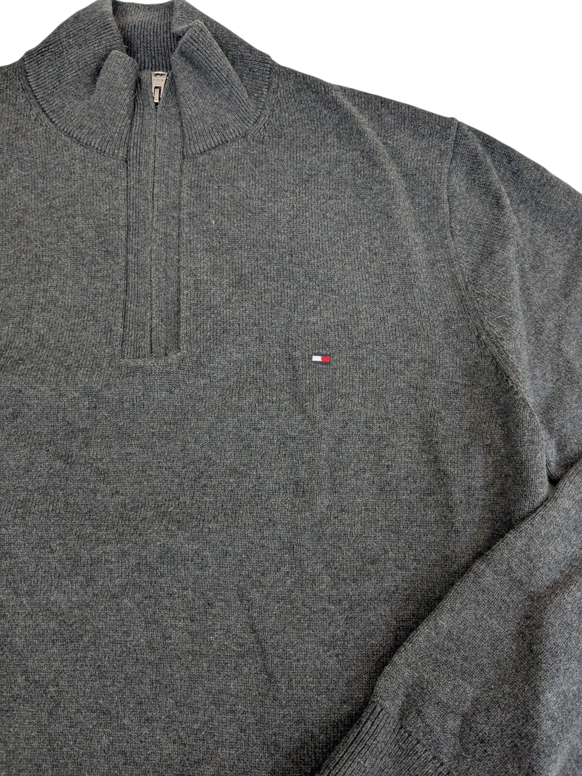 My Store gray Tommy Hilfiger cotton quarter-zip sweater with embroidered chest logo and ribbed collar
