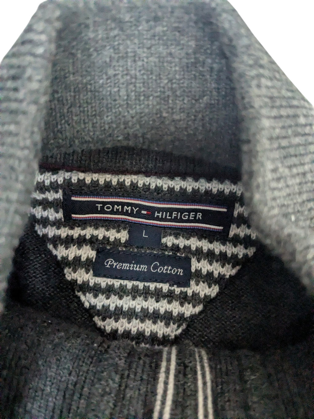 My Store Tommy Hilfiger gray premium cotton quarter-zip sweater label detail