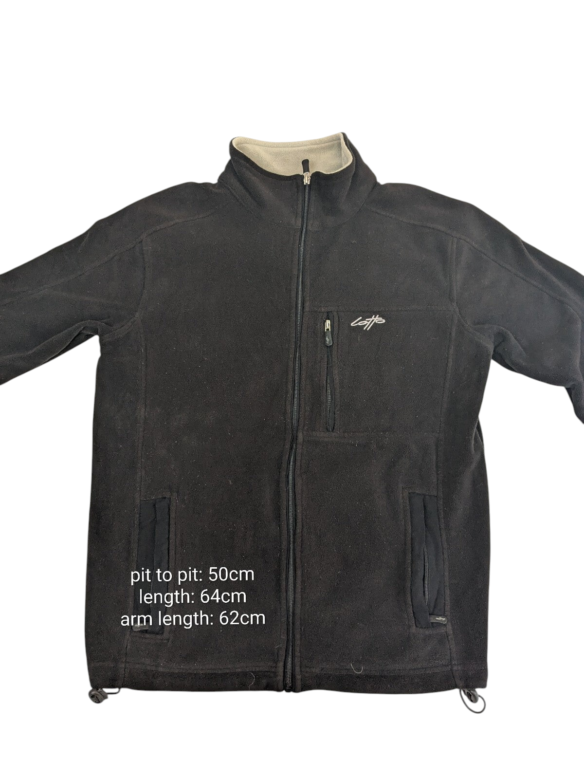 My Store Lotto black full-zip fleece jacket with high collar, chest logo, and zippered pockets.