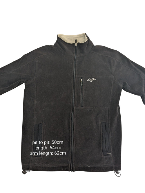 My Store Lotto black full-zip fleece jacket with high collar, chest logo, and zippered pockets.