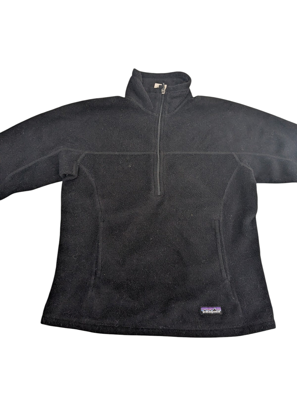 My Store Patagonia Synchilla black quarter-zip fleece pullover with stand-up collar and soft polyester fabric.