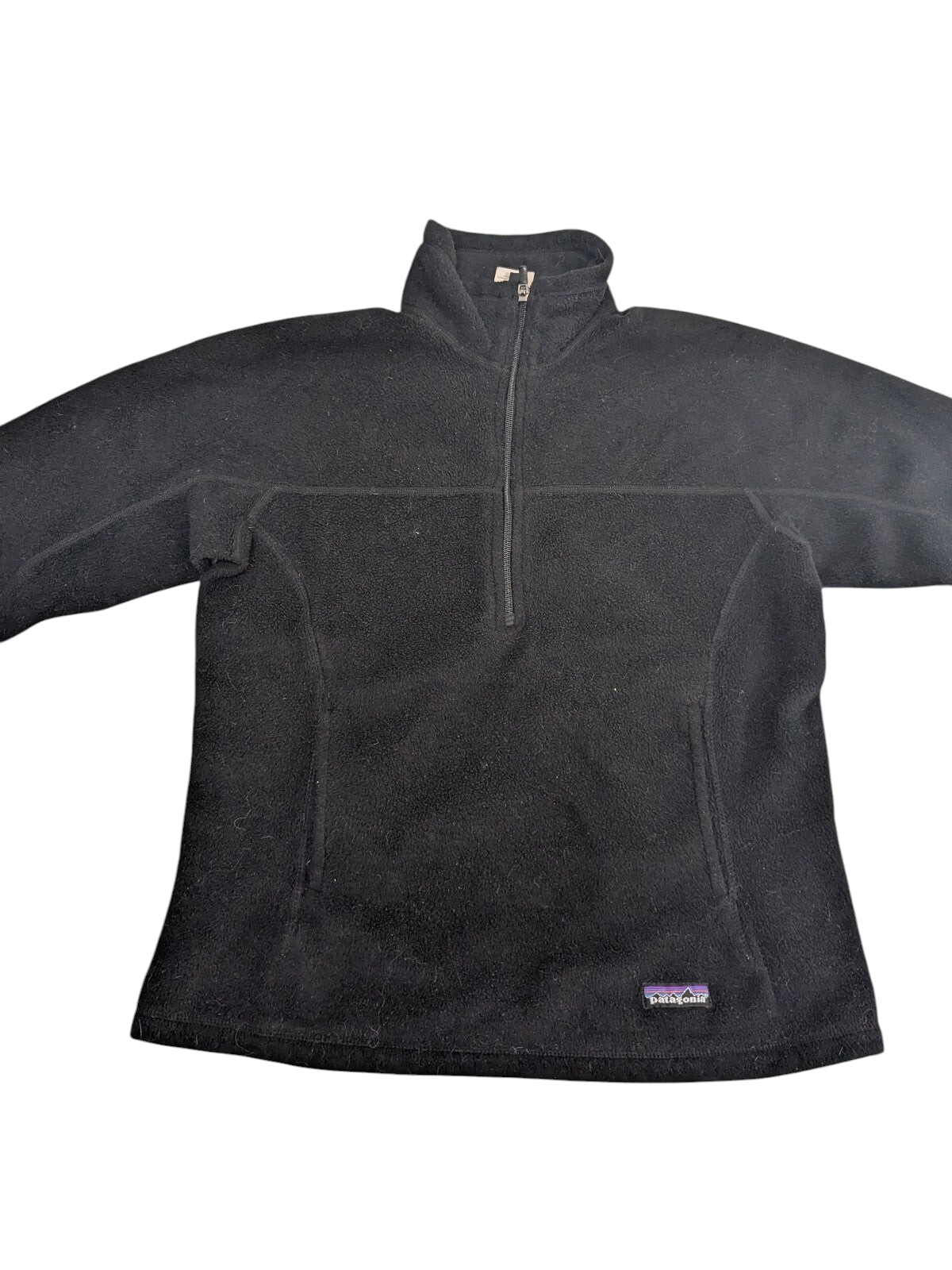 My Store Patagonia Synchilla black quarter-zip fleece pullover with stand-up collar and soft polyester fabric.