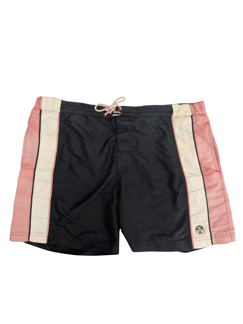 My Store North Sails black and pink swim shorts with white side stripes, drawstring waist, and mesh lining.