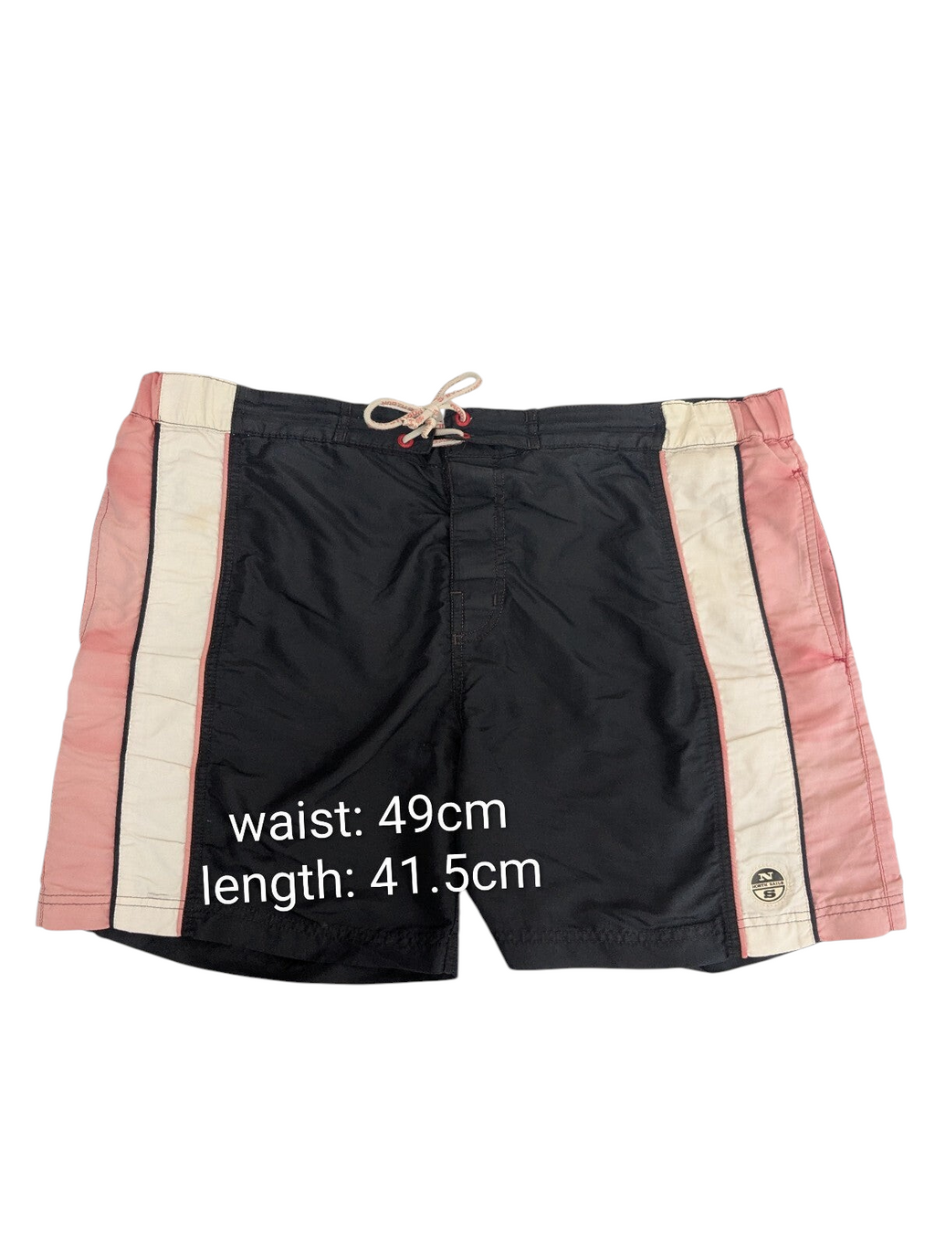 My Store North Sails black and pink swim shorts with white side stripes, drawstring waist, and mesh lining.