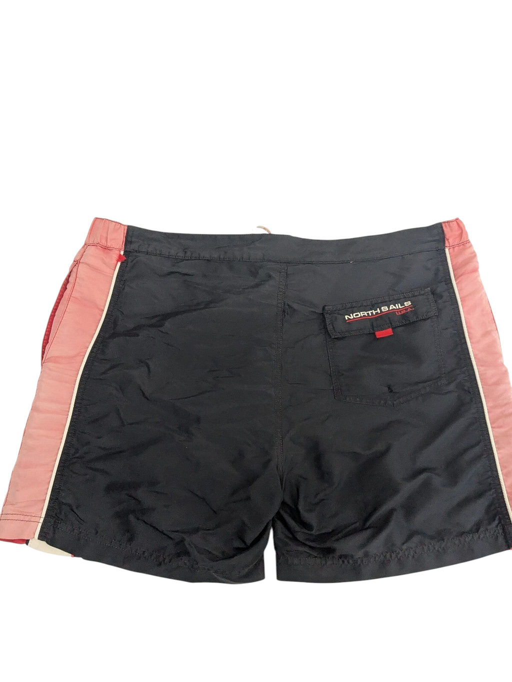 My Store North Sails black and pink swim shorts with white side stripes and a back pocket on a white background