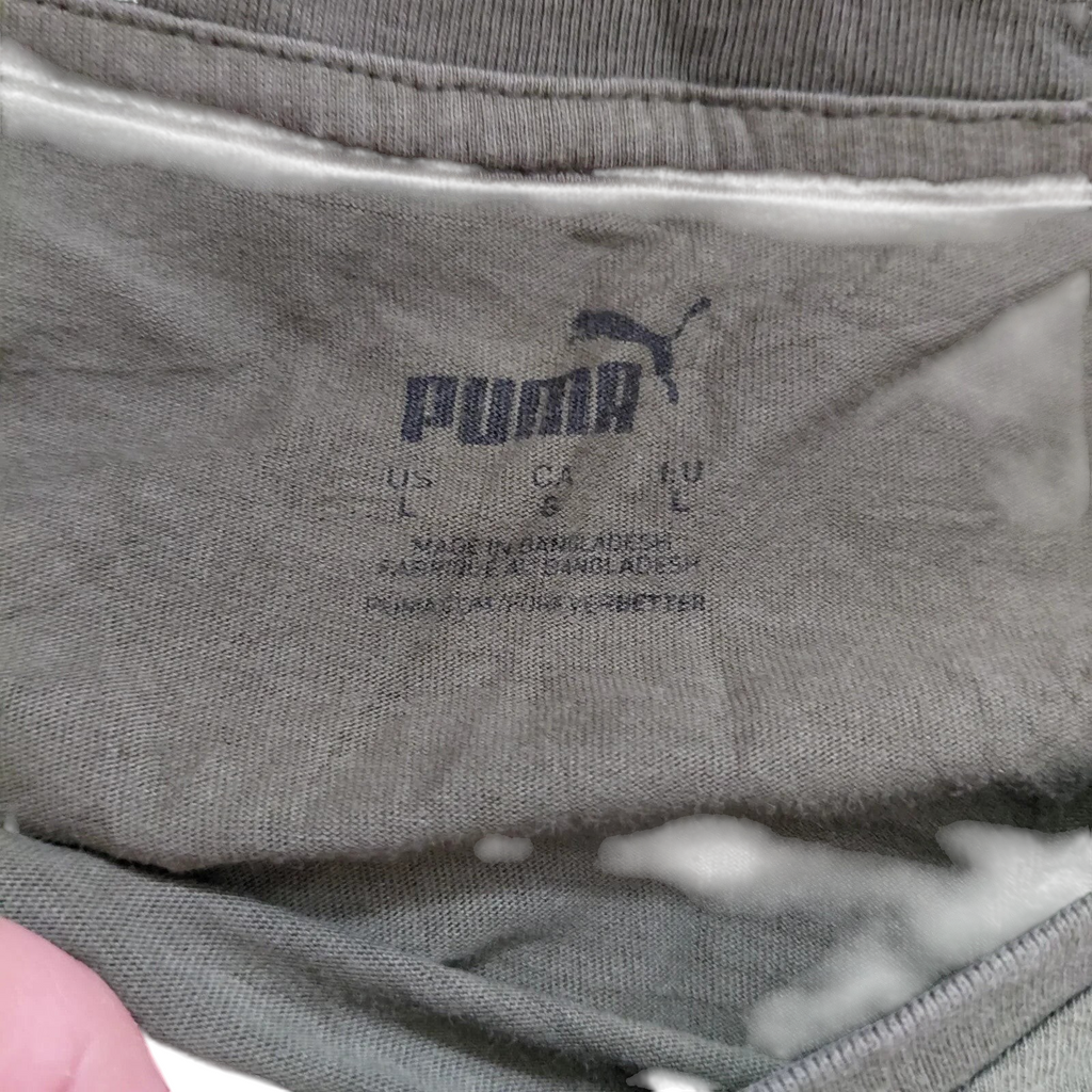 My Store Puma olive green crew neck t-shirt interior size label showing size Large