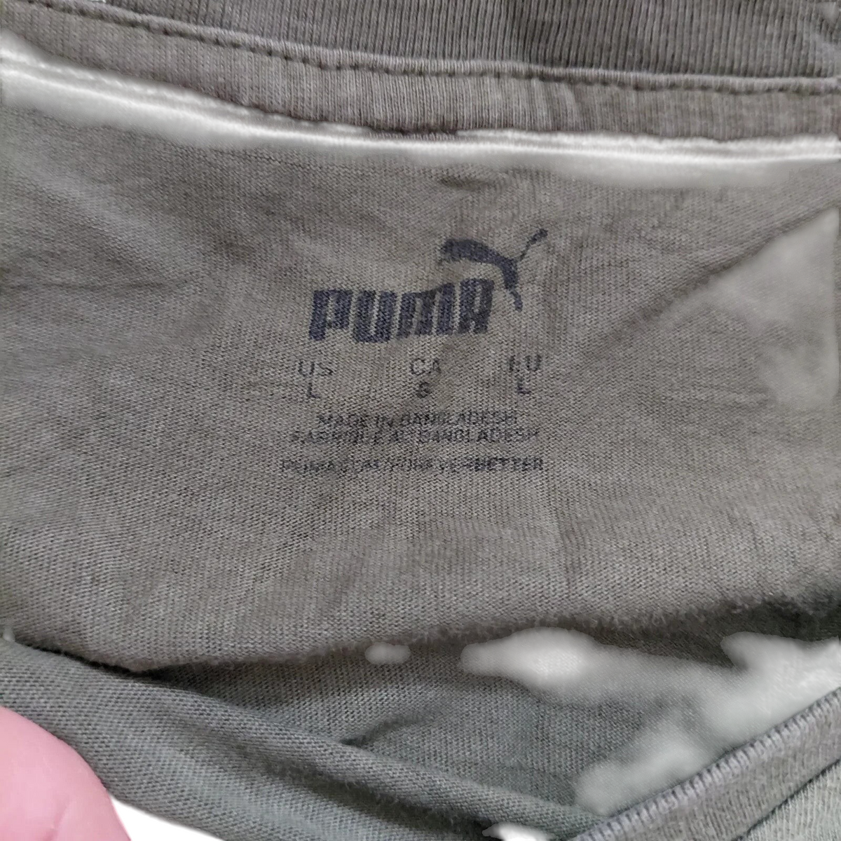 My Store Puma olive green crew neck t-shirt interior size label showing size Large