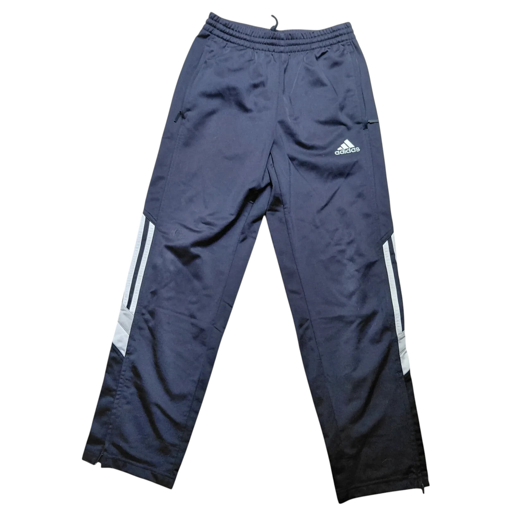 My Store navy blue Adidas track pants with white logo and side stripe detailing, size medium polyester athletic wear.