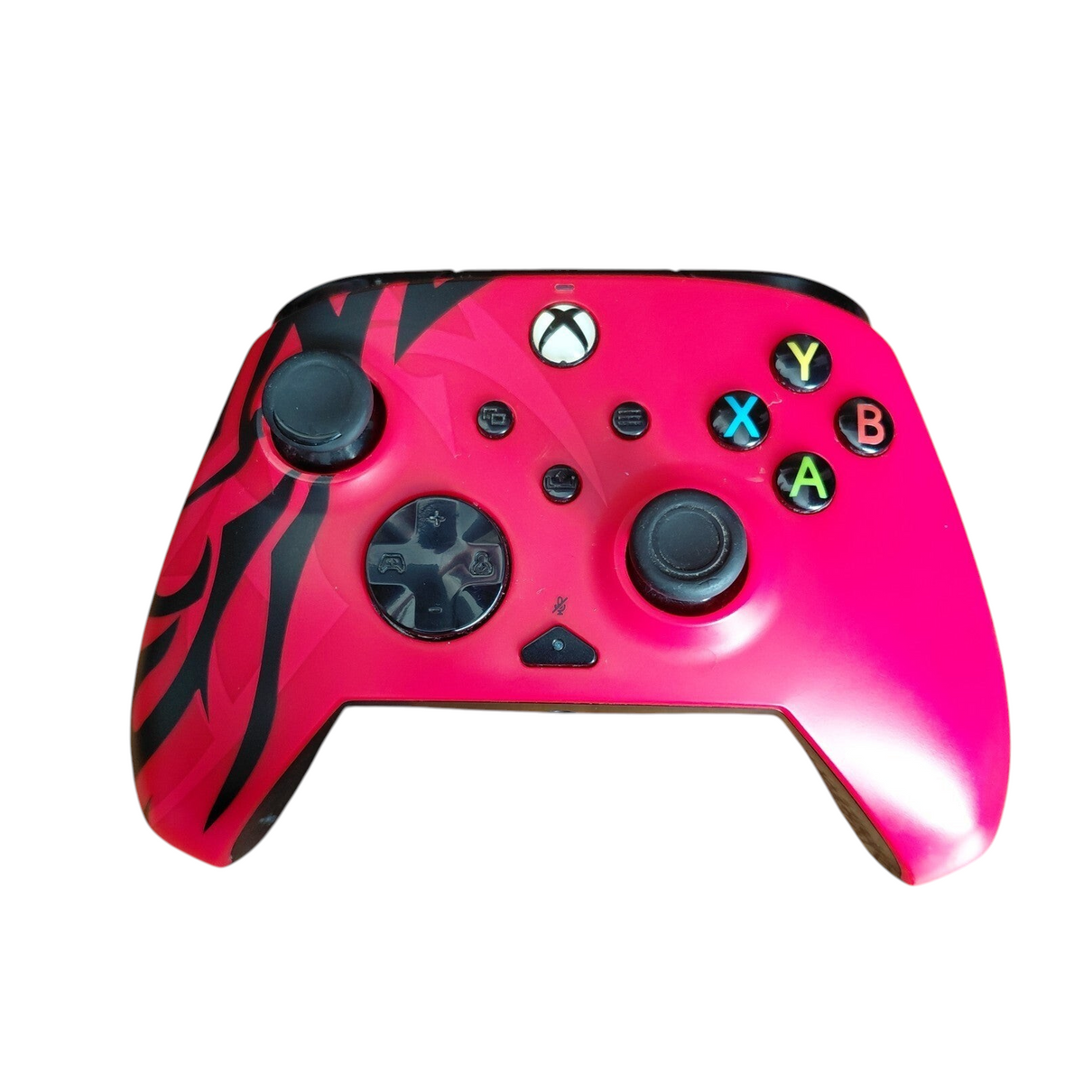 My Store PDP Xbox REMATCH Advanced Wired Controller in Spirit Red with black tribal accents on a wooden surface