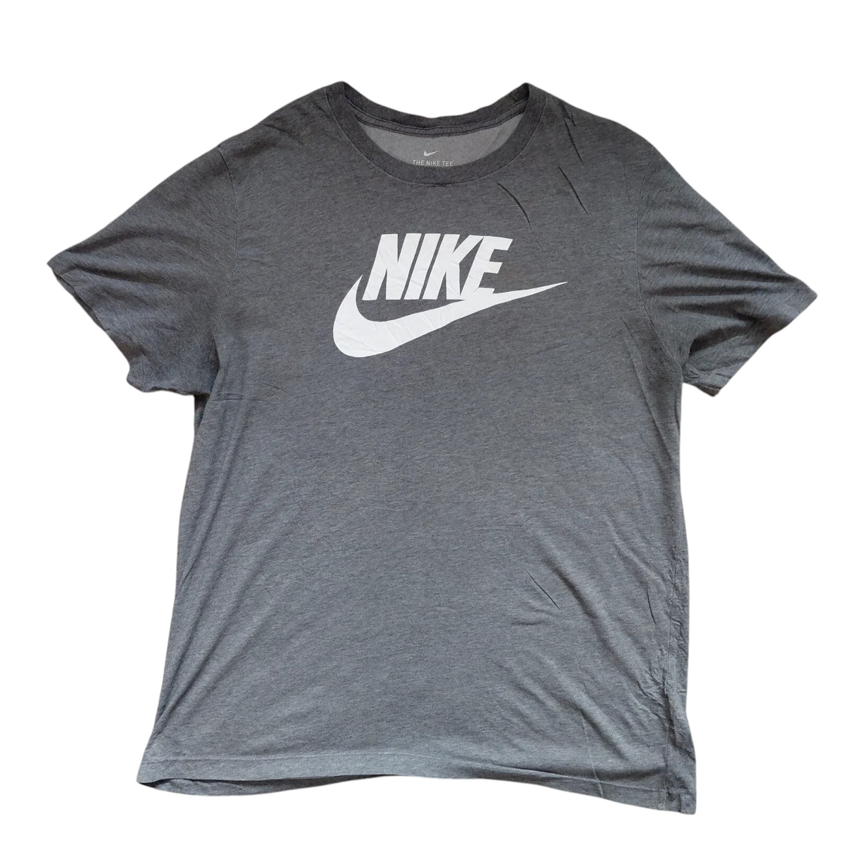 My Store charcoal Nike Dri-FIT graphic t-shirt with white logo, crew neck, and short sleeves in size XL