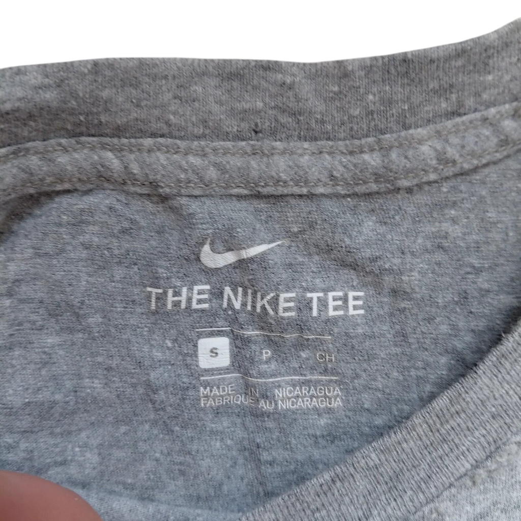 My Store grey Nike crew neck t-shirt with printed inner neck label showing size small and swoosh logo