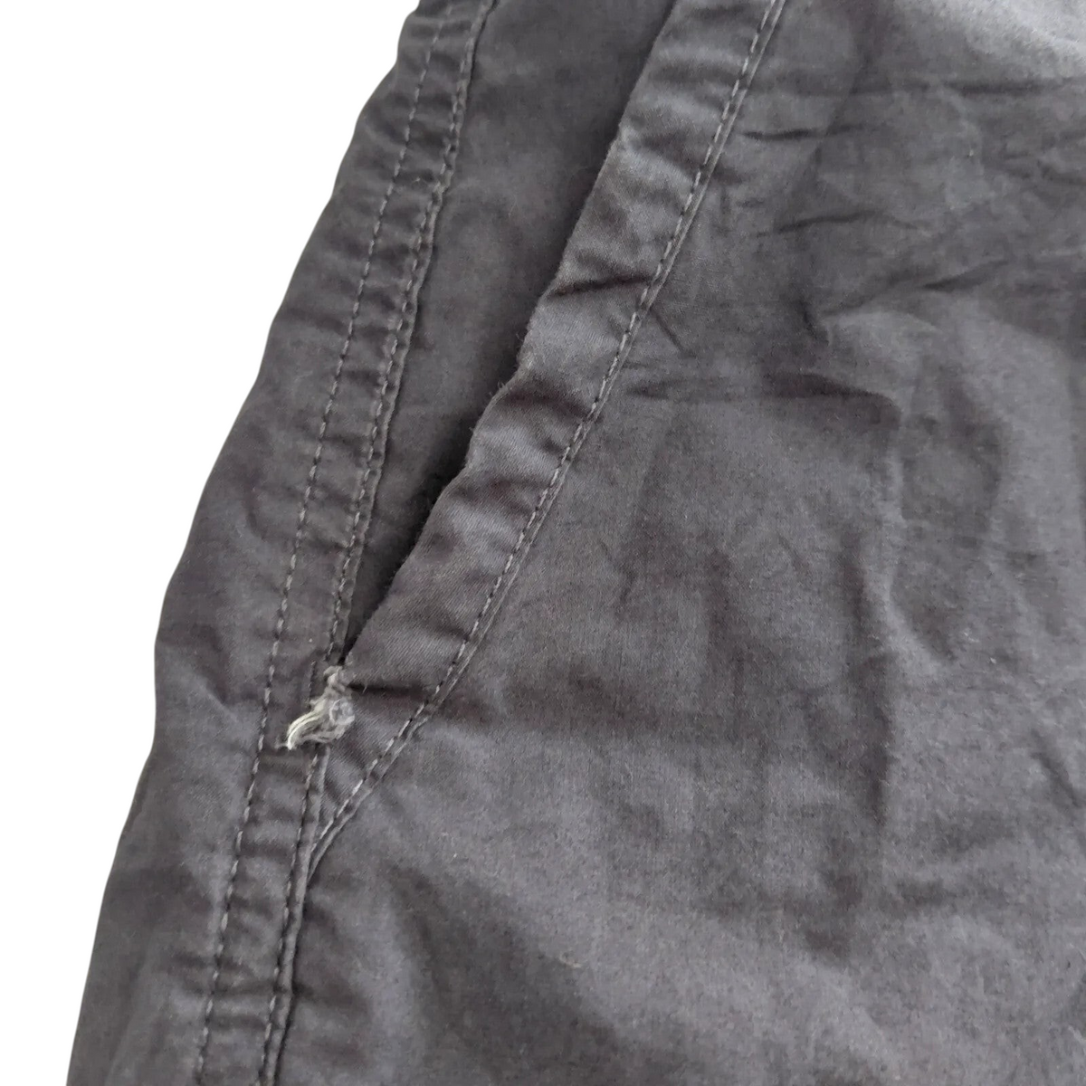 My Store grey Columbia chino shorts featuring a close-up of the pocket stitching detail