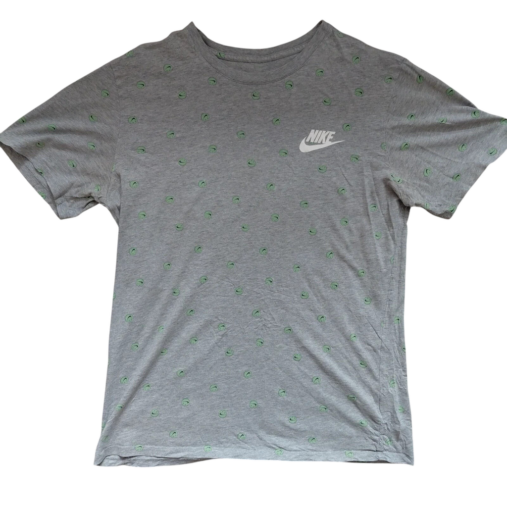 My Store Nike grey cotton t-shirt with all-over small green swoosh print and white Nike logo on chest