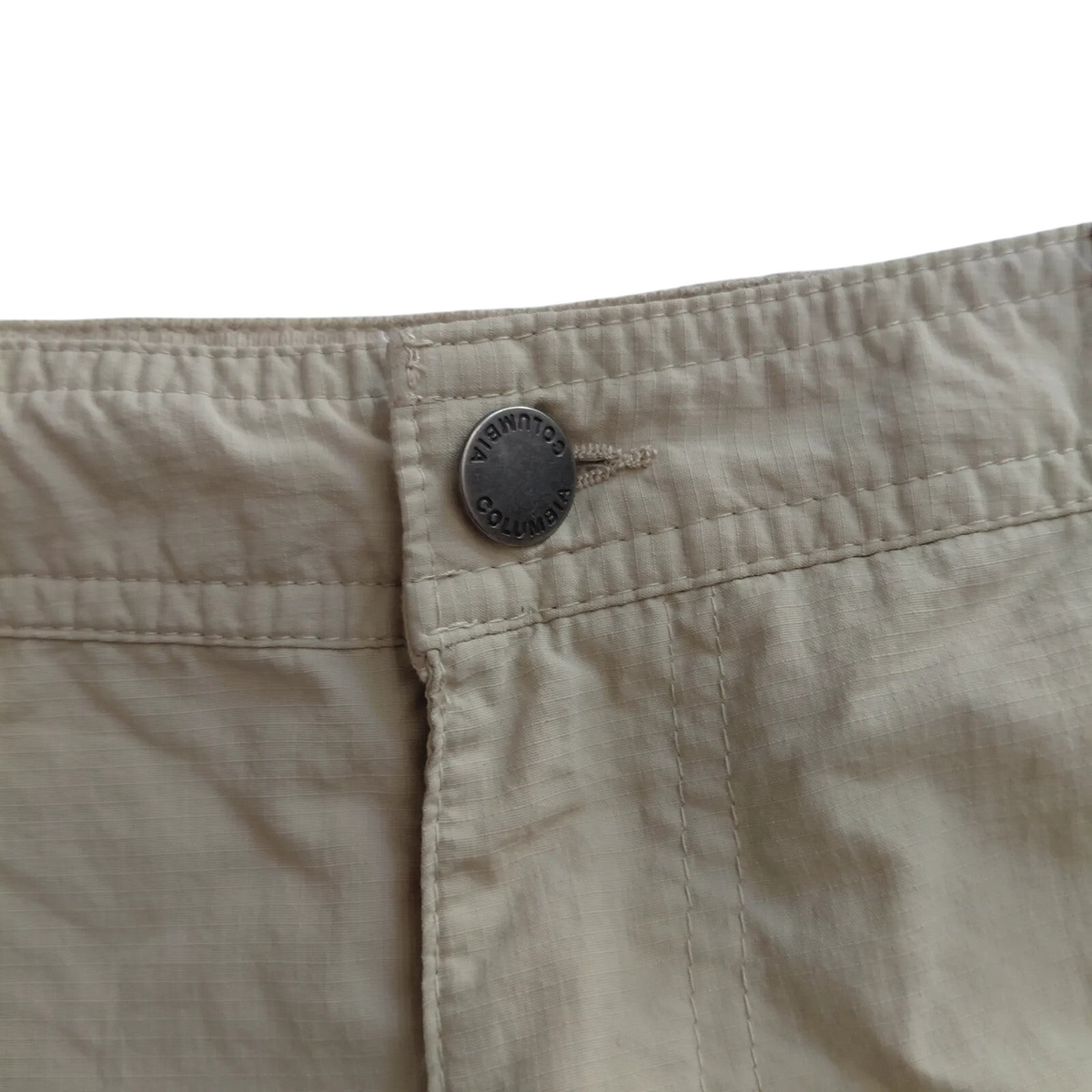 My Store Columbia beige nylon ripstop cargo shorts featuring a branded metal button closure