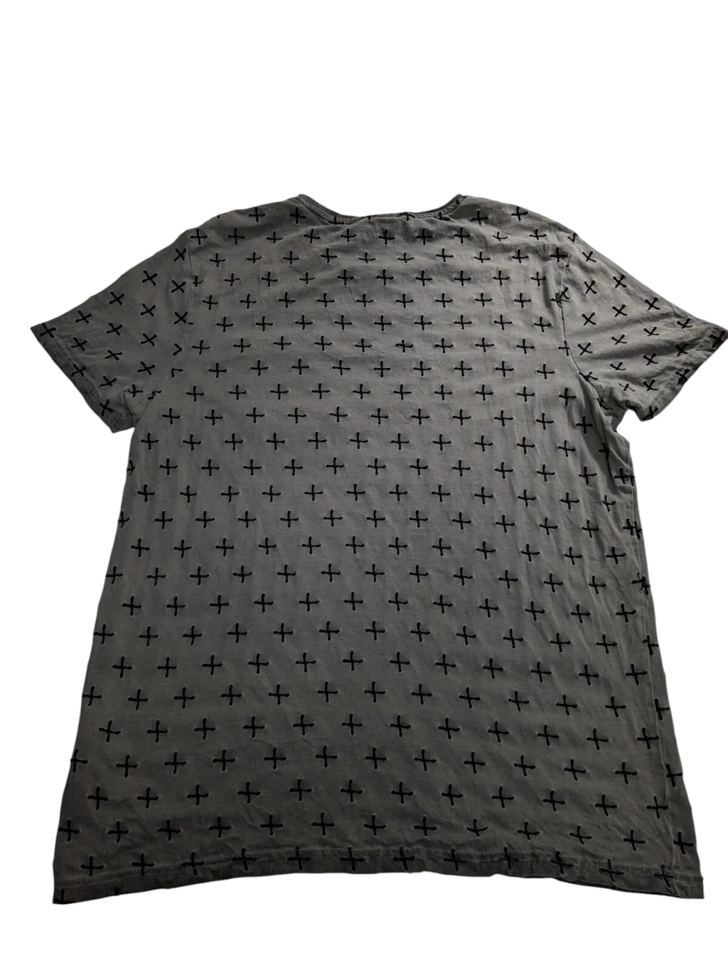 My Store grey cotton short sleeve t-shirt featuring an all-over black cross print pattern and crew neck