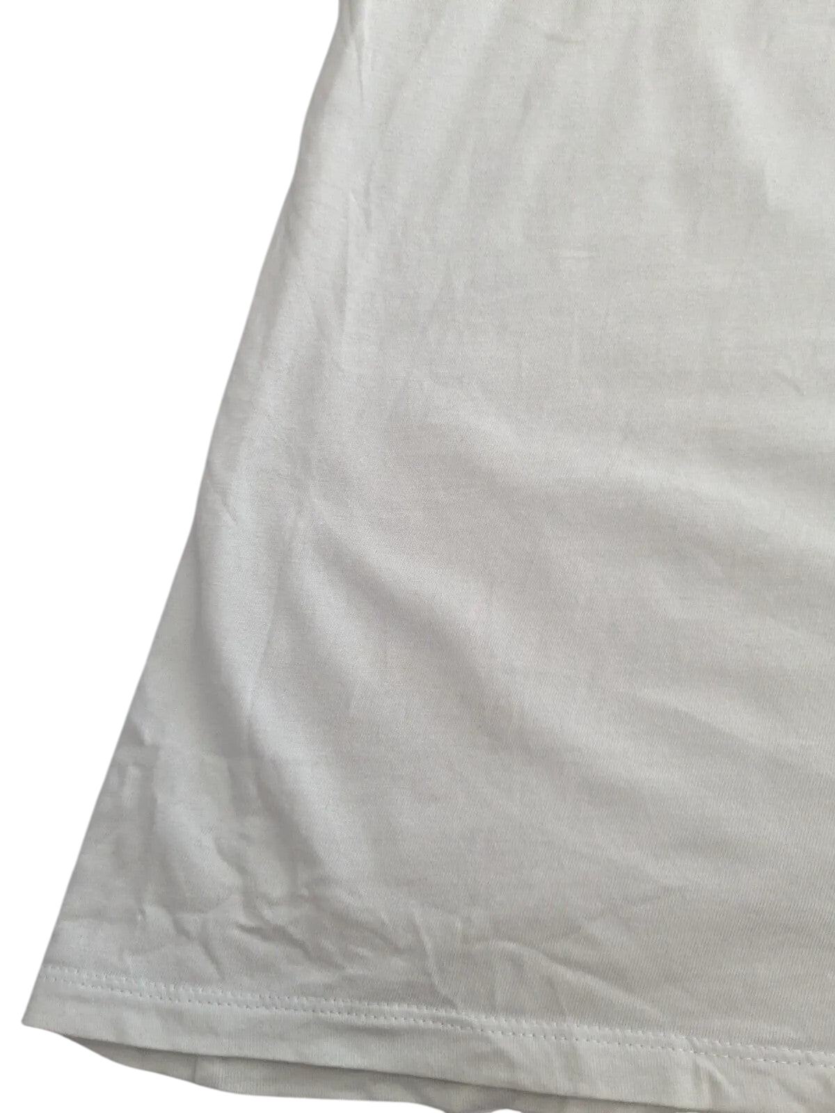 My Store white cotton jersey fabric detail of a Levi's graphic t-shirt showing hem stitching