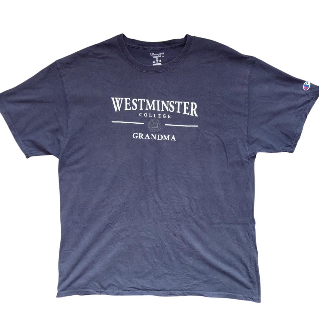 My Store navy Champion crew neck cotton t-shirt with white Westminster College Grandma graphic print