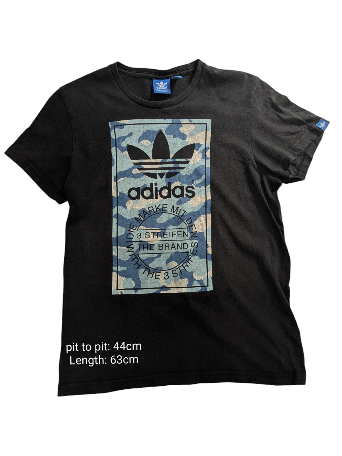 My Store black Adidas crew neck t-shirt with a blue camouflage graphic logo print on the front