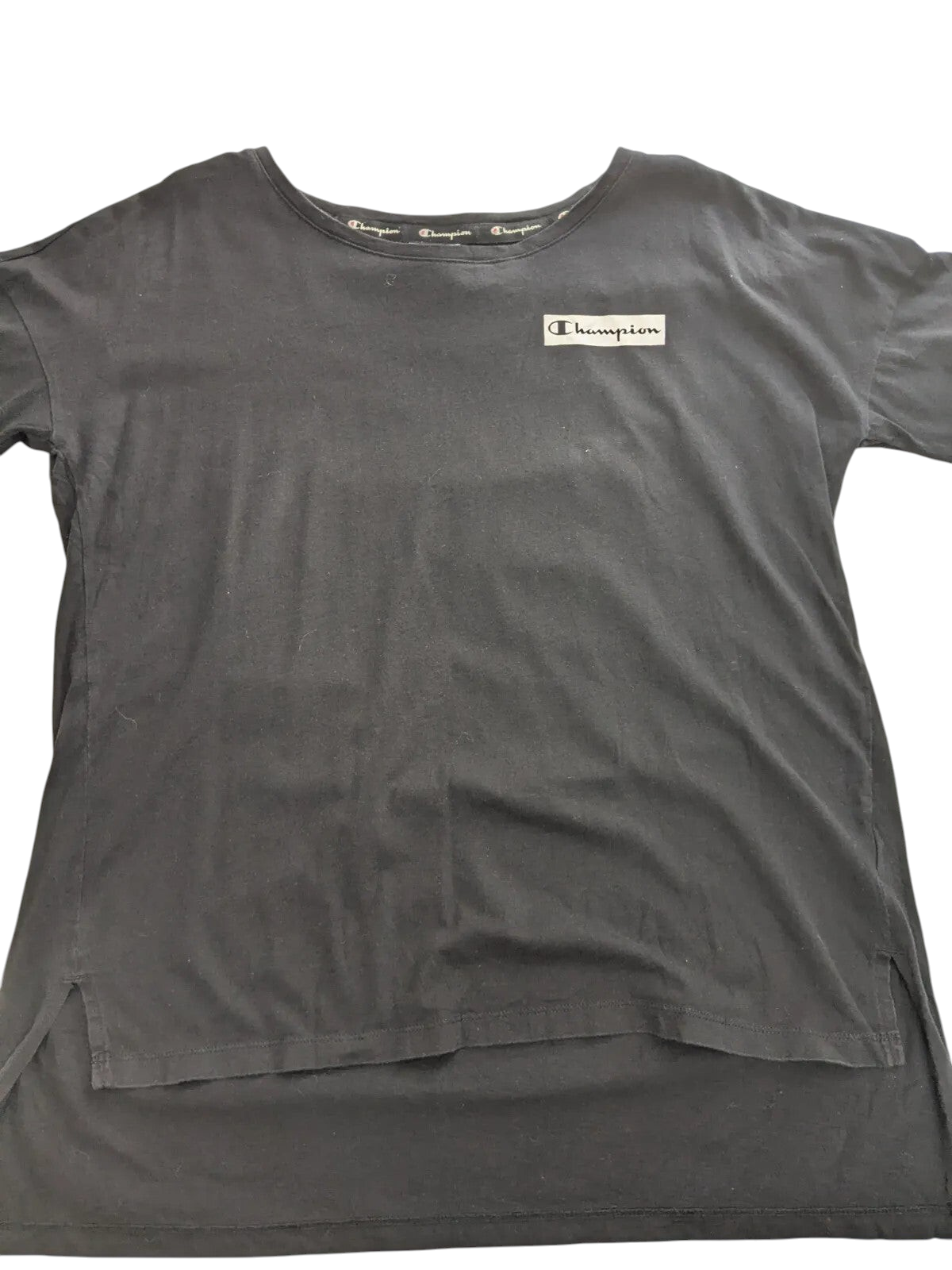 My Store pre-owned black Champion t-shirt with a small logo patch on the chest and a high-low hemline