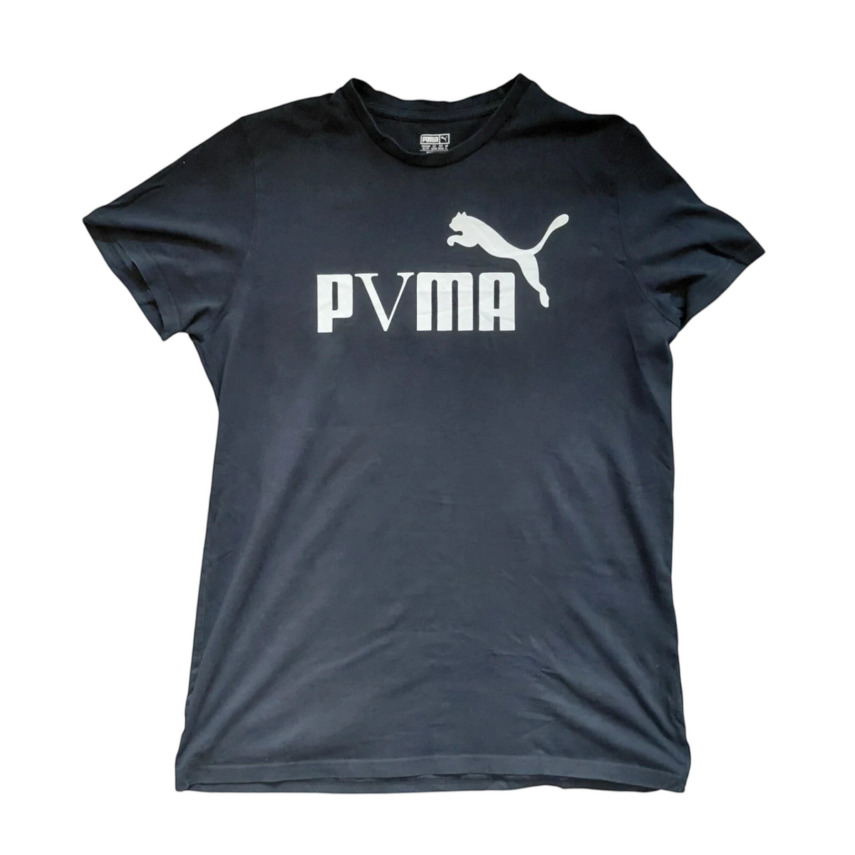 My Store black Puma crew neck t-shirt with white graphic logo on front, size XL, short sleeve streetwear style.