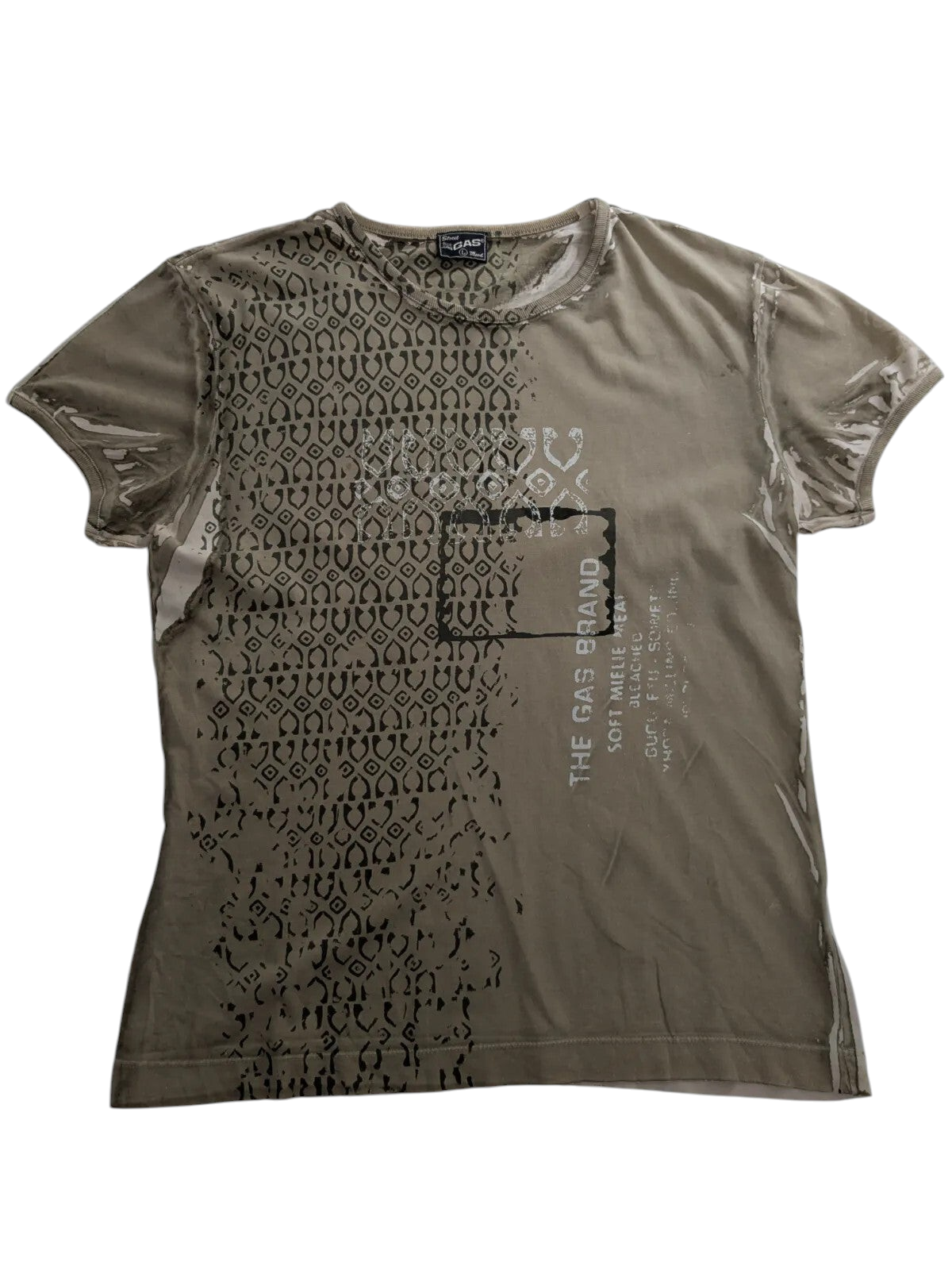 My Store khaki cotton GAS graphic t-shirt with distressed print and short sleeves in a size small.