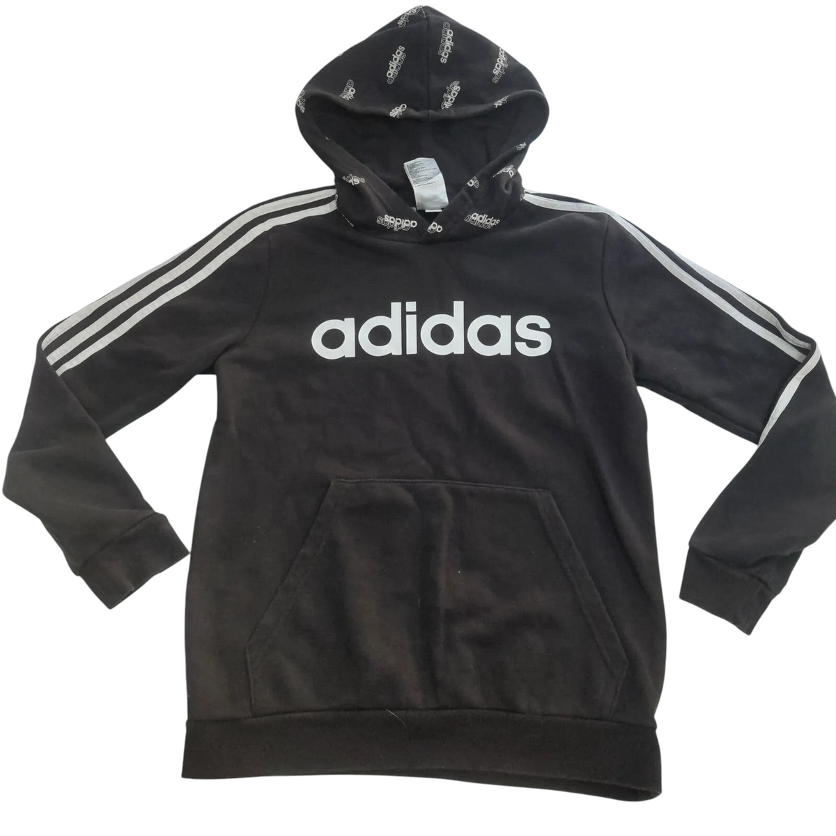 My Store black adidas pullover hoodie with white logo, three stripes on sleeves, and branded hood lining.