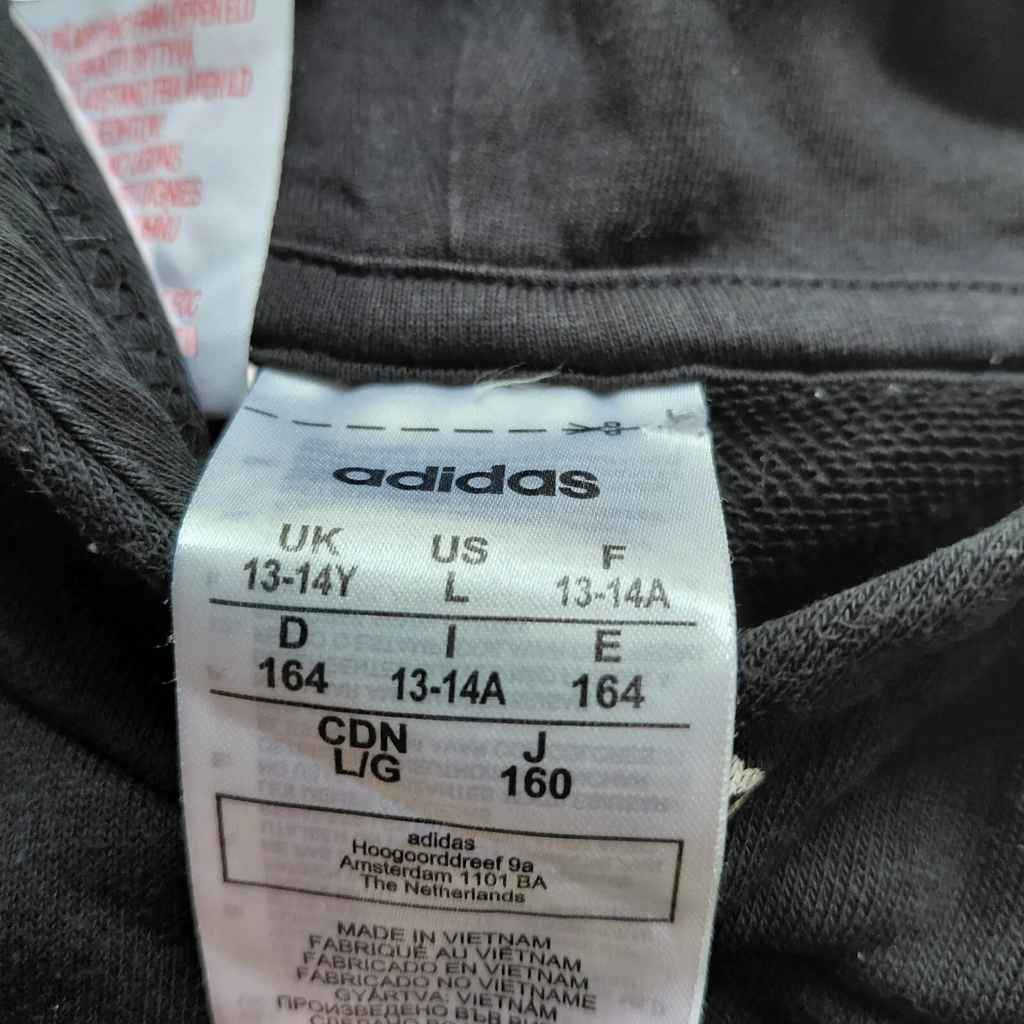 My Store adidas black hoodie size tag showing 13-14 years and manufacturing details