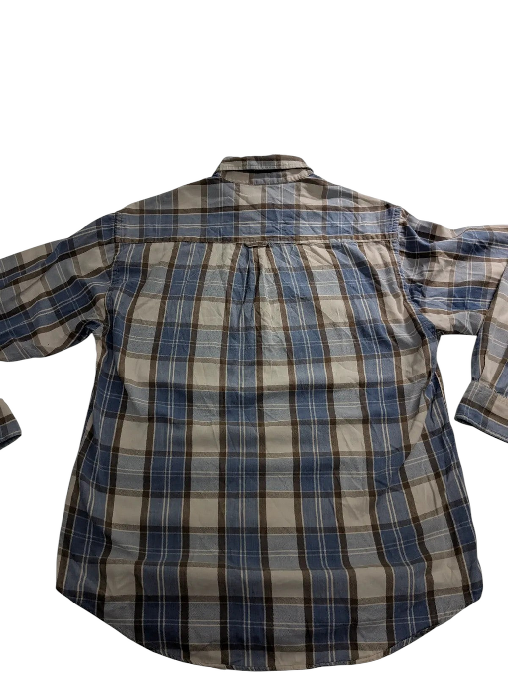 My Store Fila long sleeve button up shirt in blue and grey plaid cotton fabric, back view.