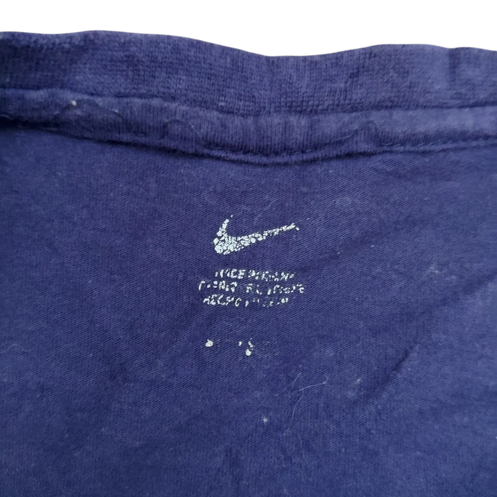 My Store navy blue Nike crew neck t-shirt with a faded Swoosh logo on the inner collar label