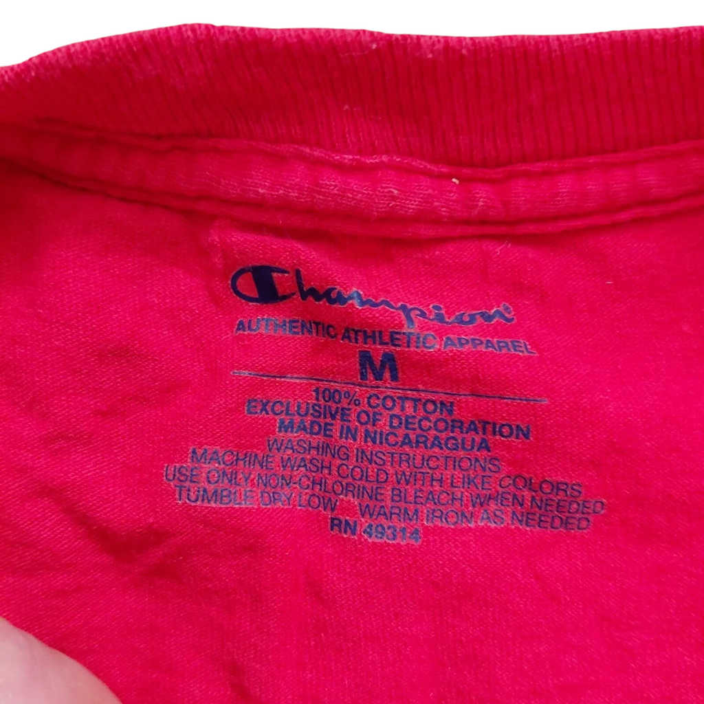 My Store Champion red cotton crew neck t-shirt size medium interior neck label with care instructions